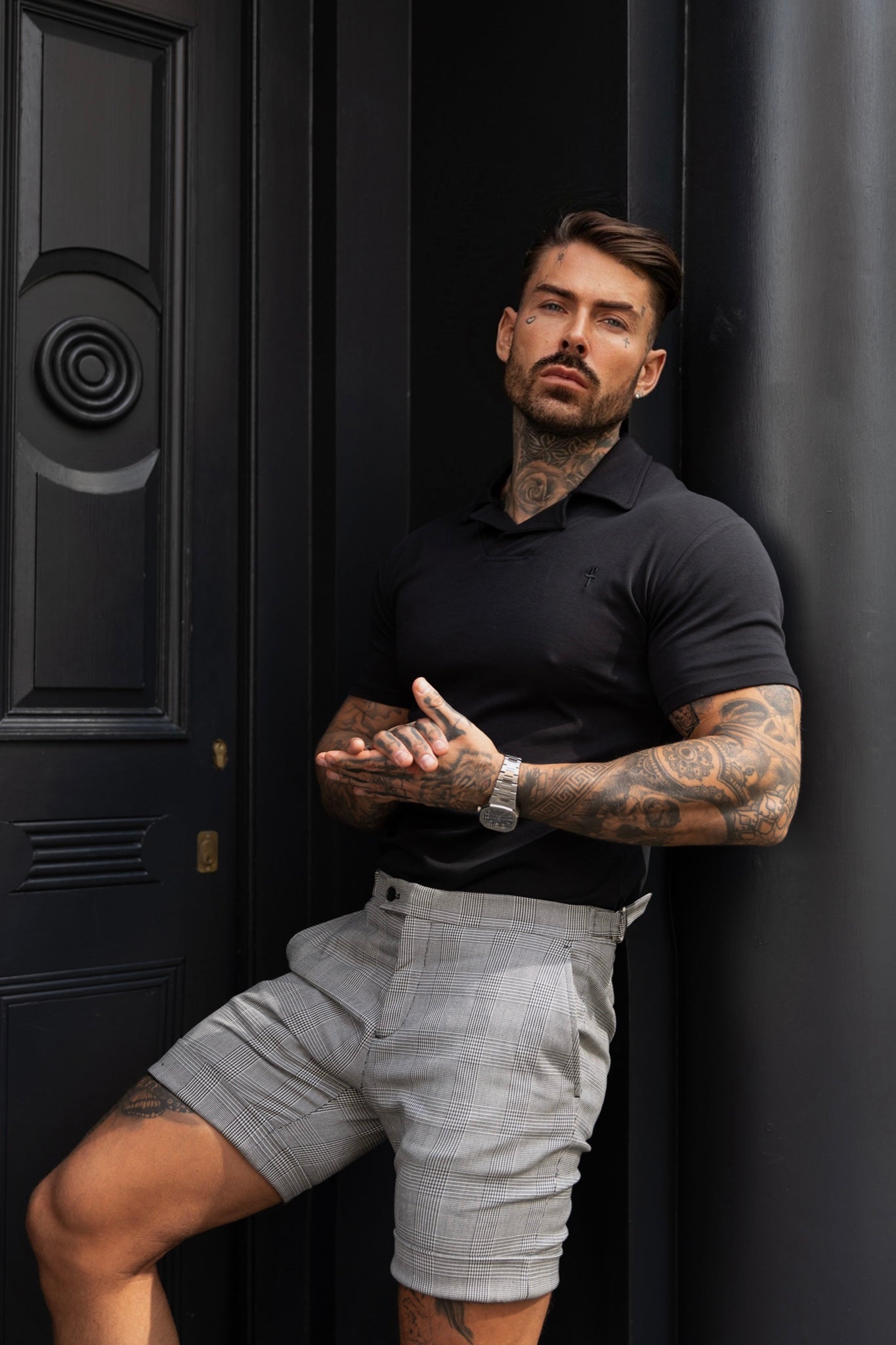 Tailored Prince of Wales Check Black / Ecru Shorts With Silver Side Adjusters- FSTS005