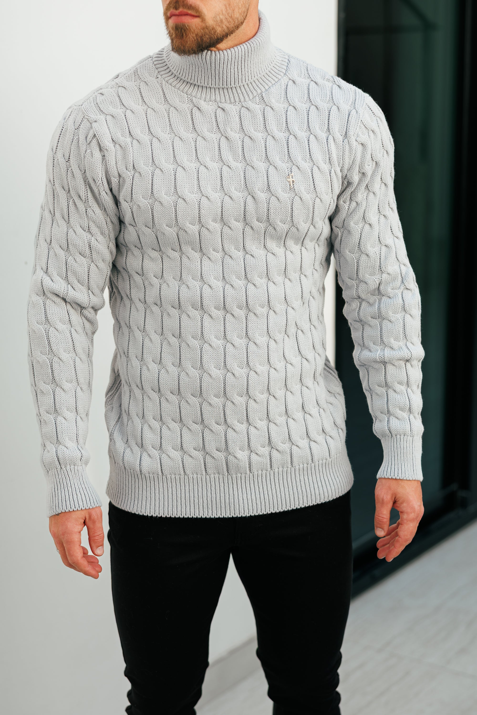 Link Weave Knit Cop Grey Roll Neck Jumper - FSJ104