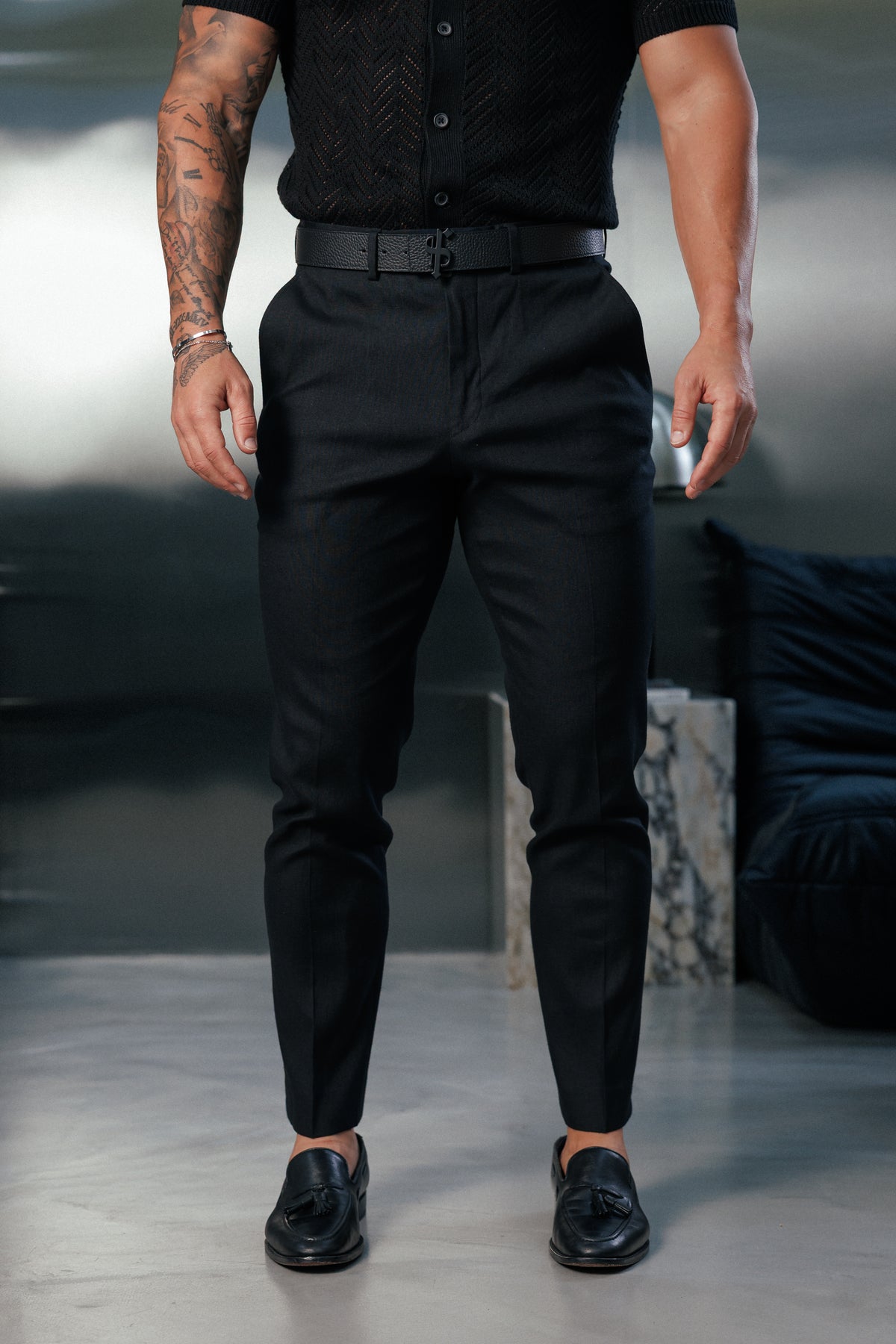 Slim Formal Black Linen Trousers With Belt Loops - FST048