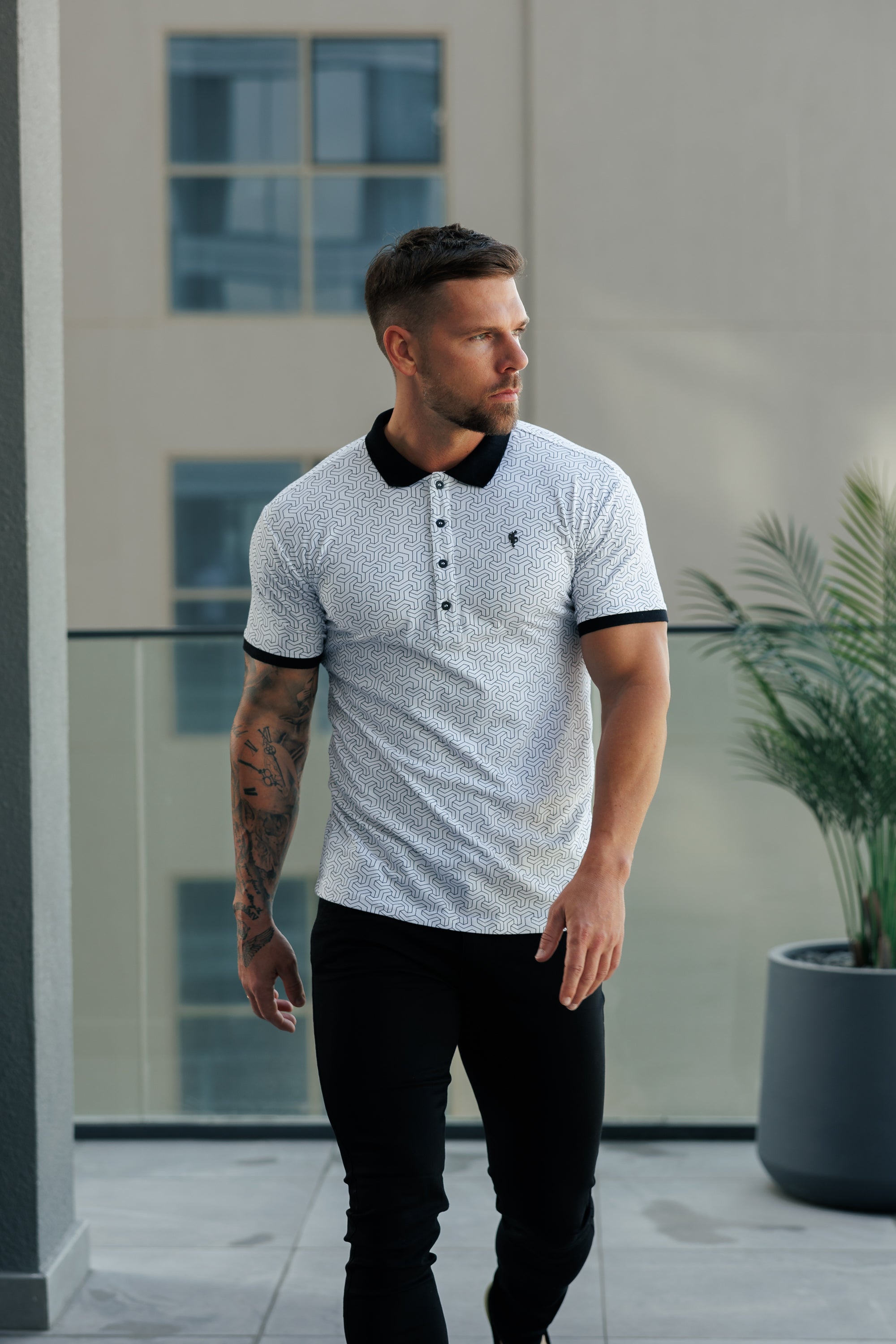 White / Black Geo Printed Polo Shirt - FSH1233