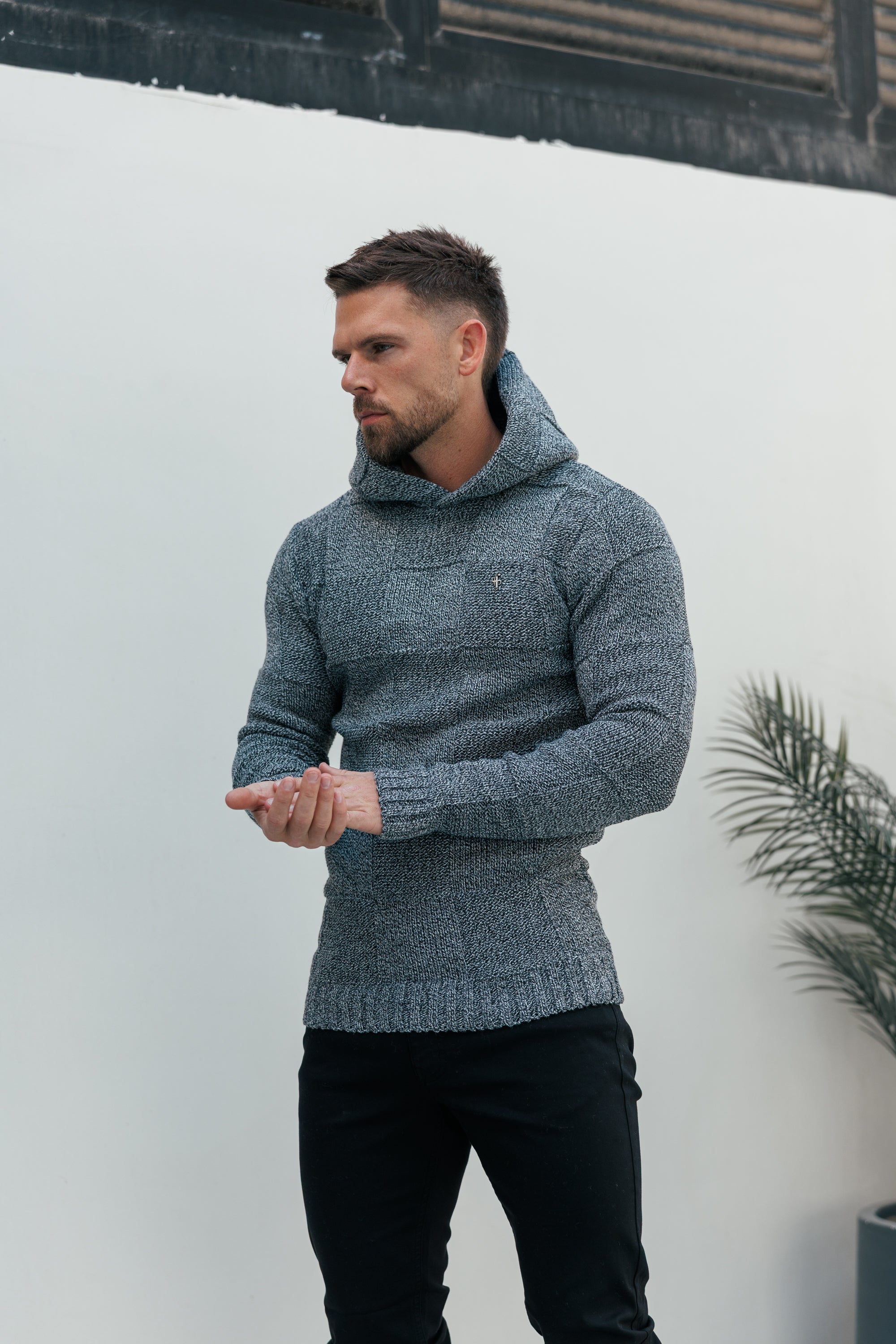 Black / White Two Tone Checkerboard Knitted Hoodie - FSJ134