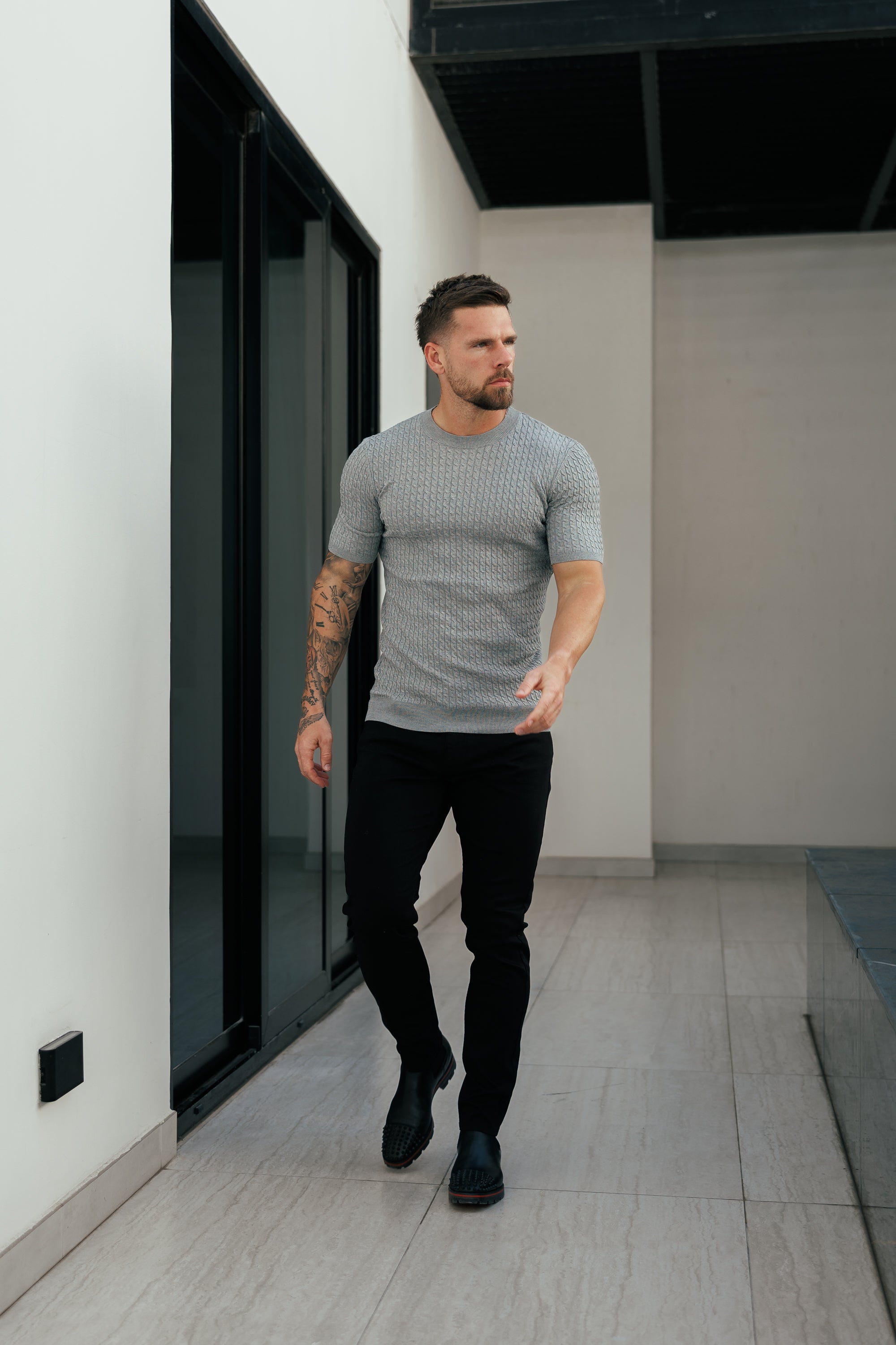 Front Chain Knit Crew T-Shirt Light Charcoal Short Sleeve - FSR058