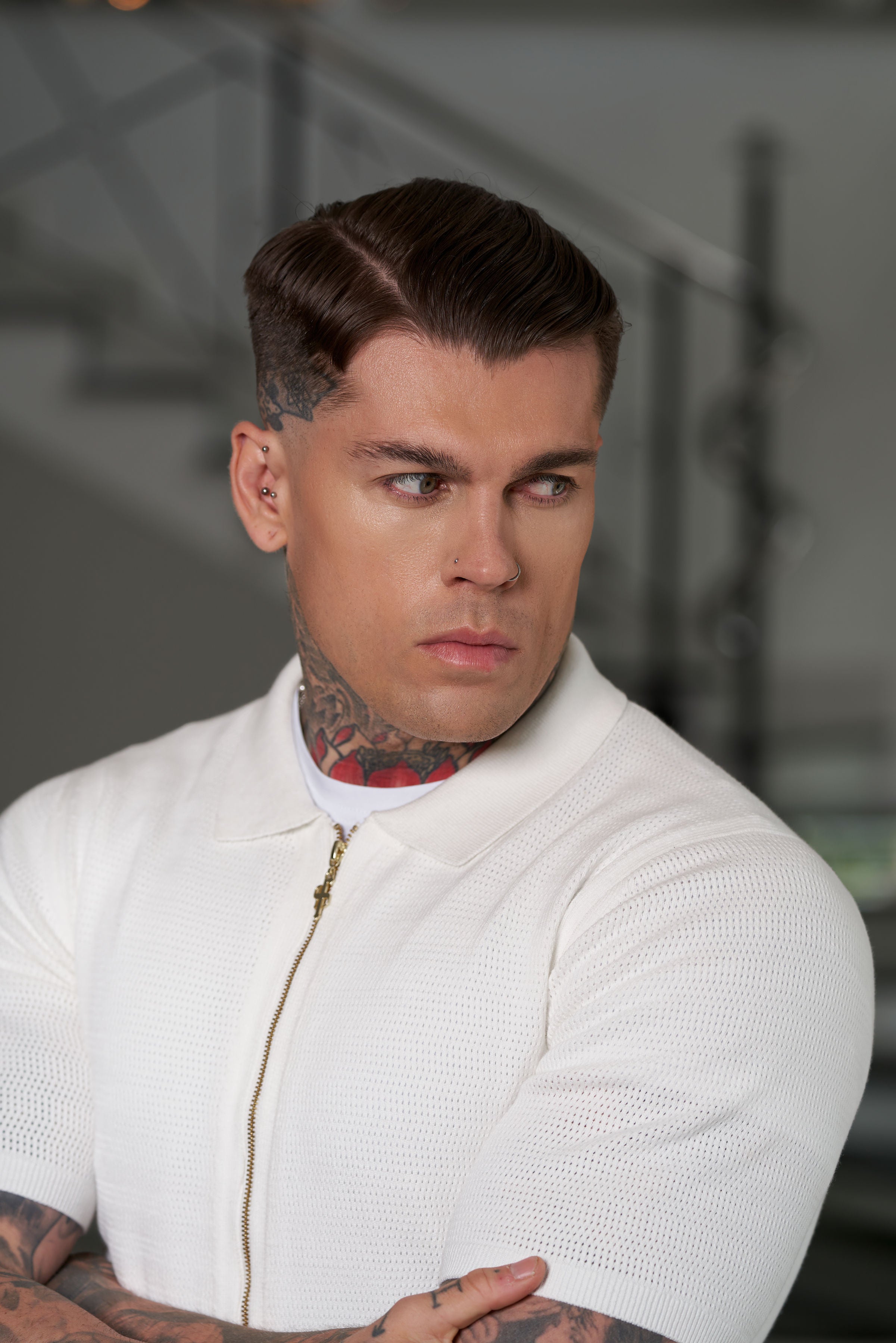 Classic Knitted Textured Design With Full Length Zip Off White Short Sleeve - FSN152