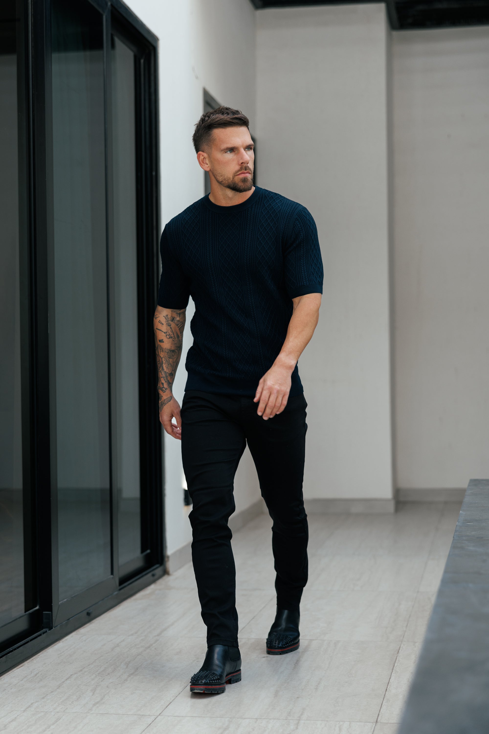 Fine Knit Diamond Navy Jumper Short Sleeve - FSA011