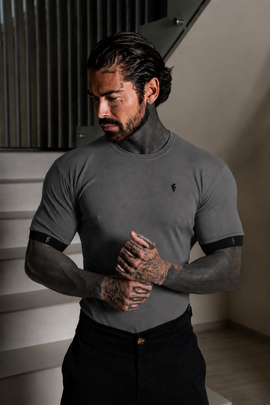 Classic Charcoal Crew T Shirt with FS Elastic Sleeve Branding - FSH1565