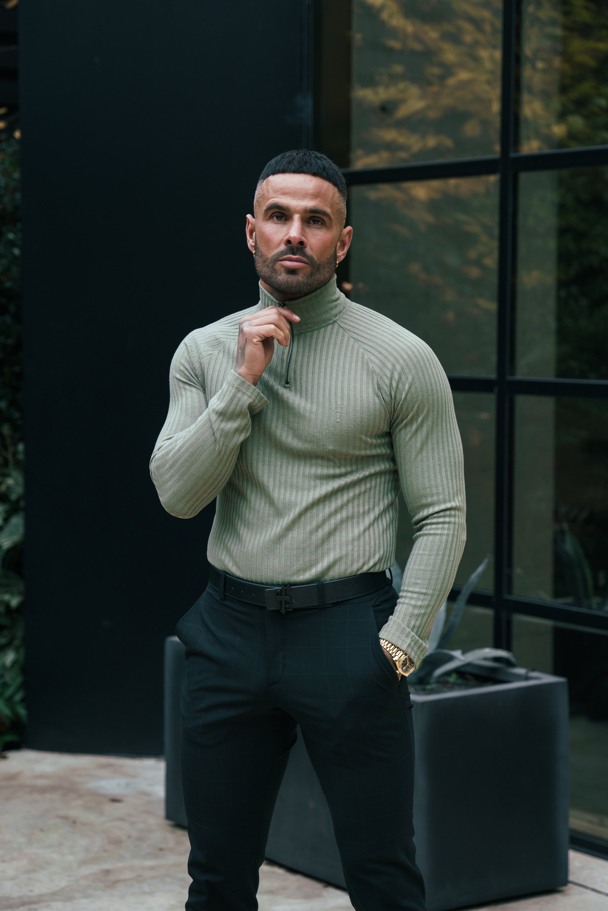 Classic Olive Ribbed Zip Funnel Neck Raglan Long Sleeve Crew - FSH1297