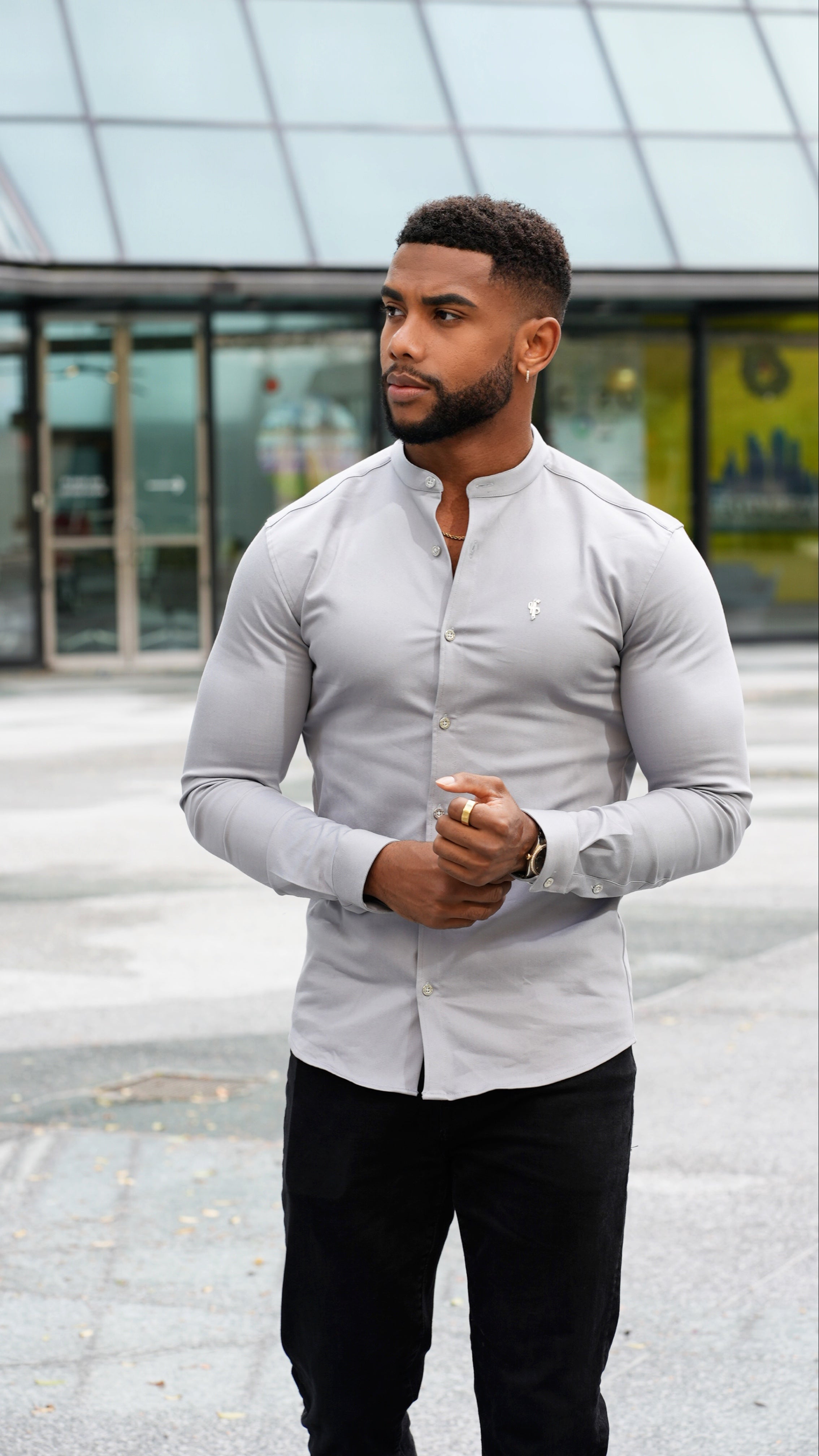 Super Slim Stretch Grey Denim Long Sleeve With Grandad Collar and Silver Metal Buttons and Decal - FS962