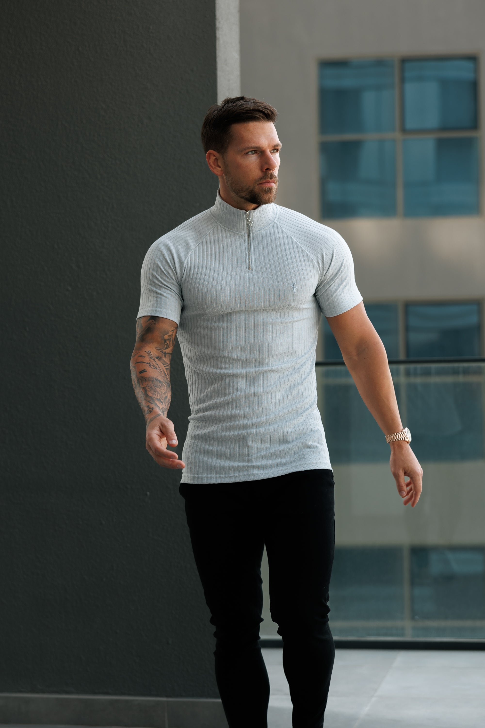 Classic Light Grey Ribbed Zip Funnel Neck Raglan Short Sleeve Crew - FSH1287