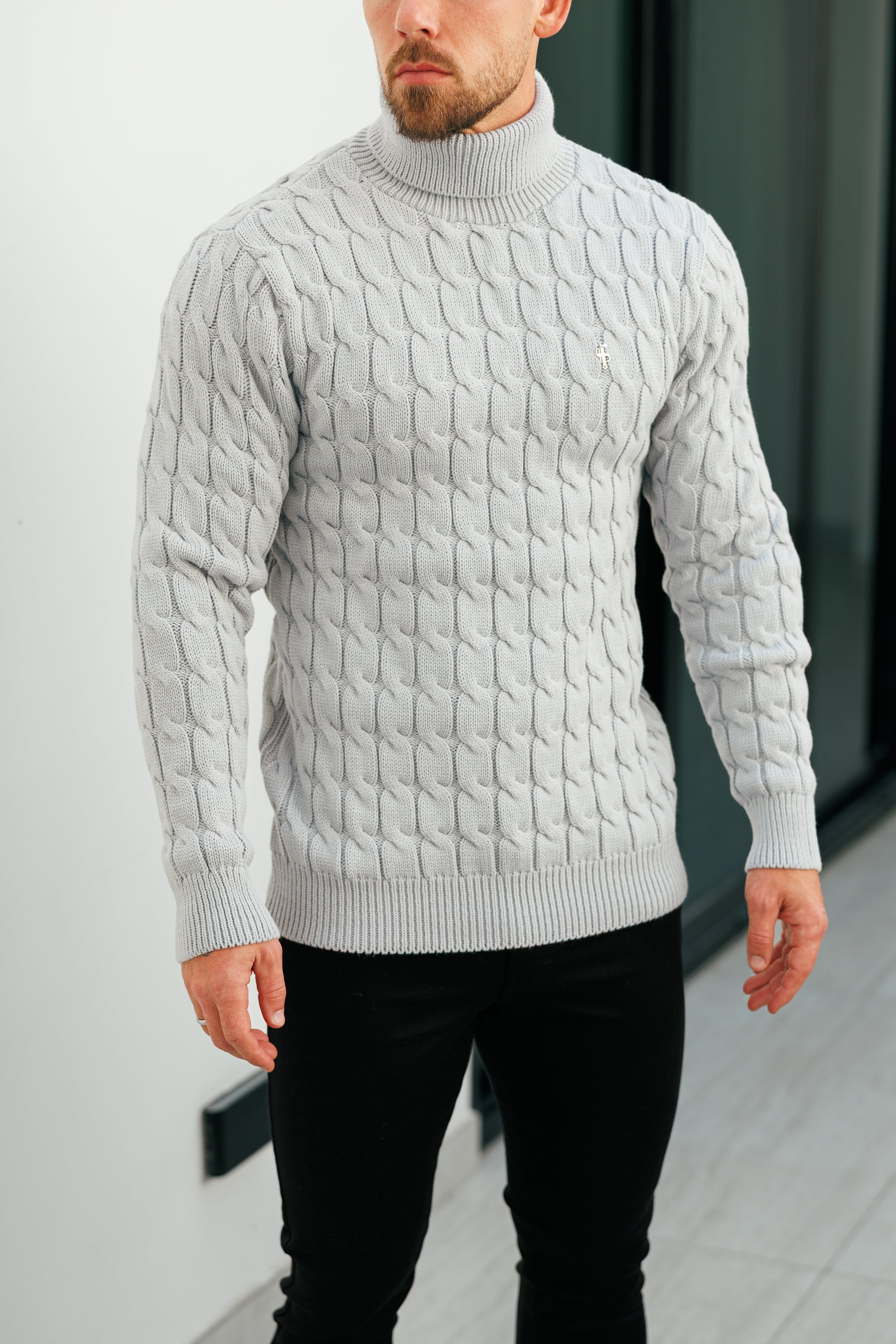 Link Weave Knit Cop Grey Roll Neck Jumper - FSJ104