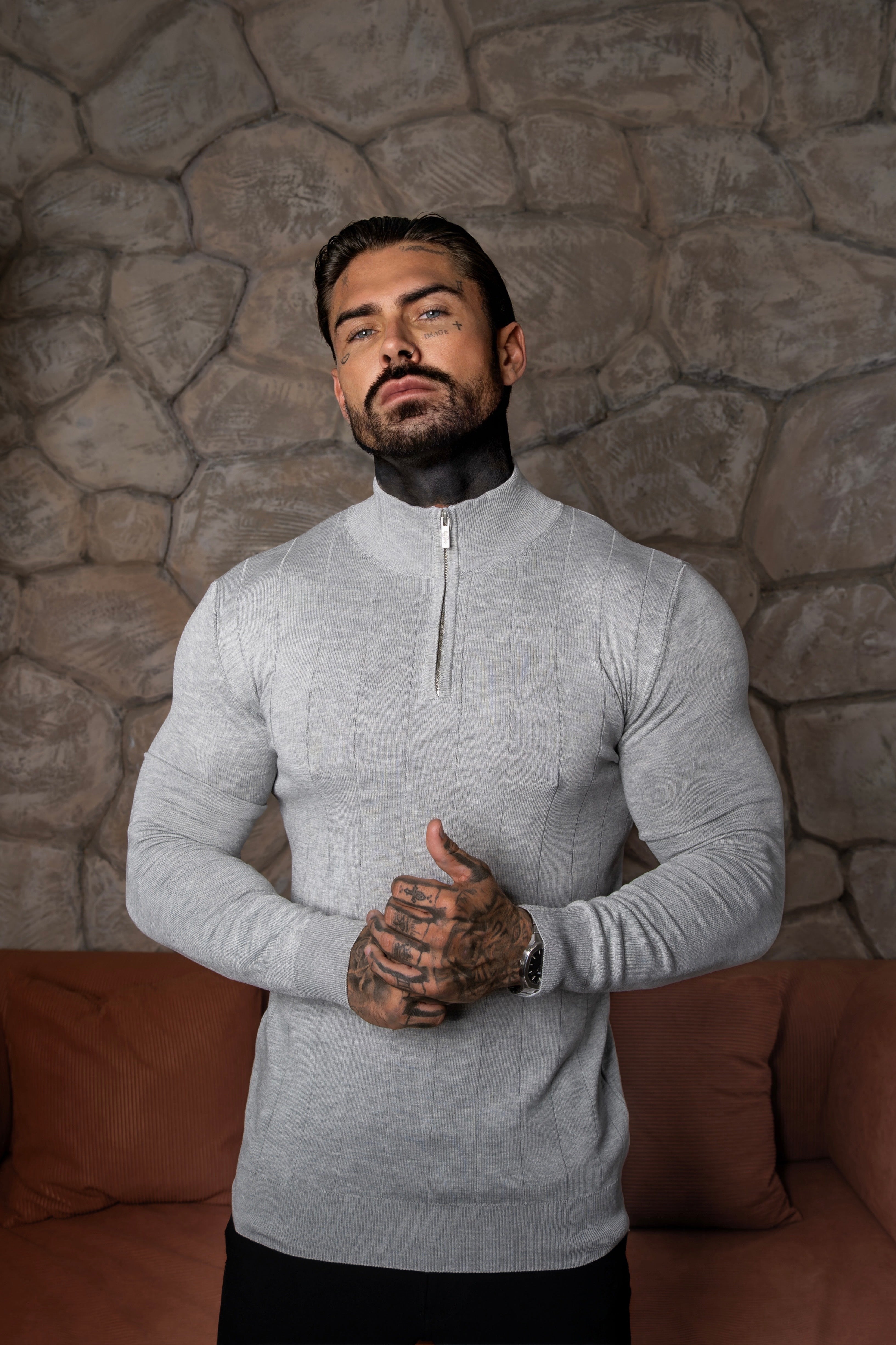 Self Stripe 1/4 Zip Funnel Neck Knit Jumper Silver Grey Long Sleeve - FSR051