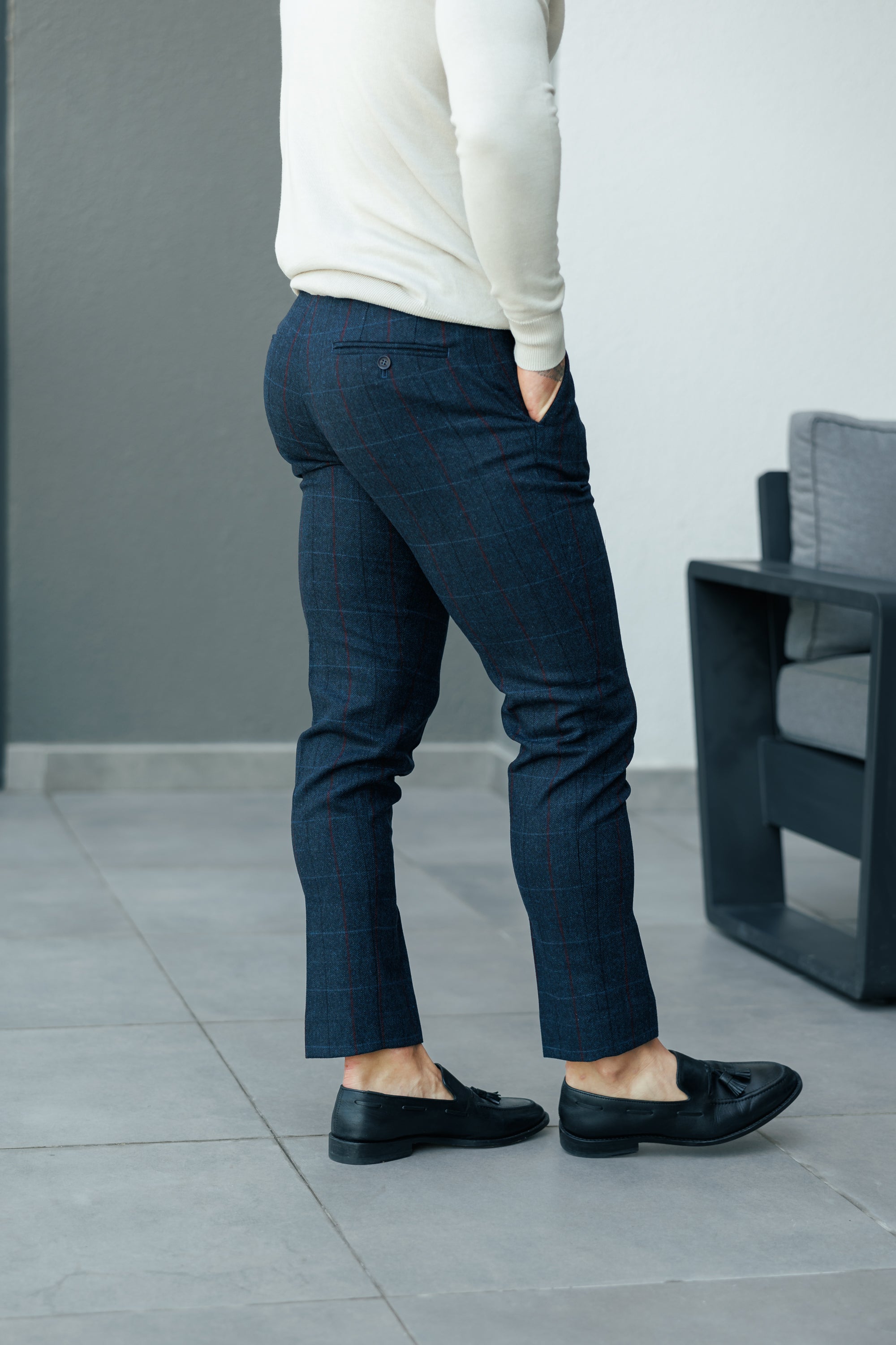 Relaxed Formal Navy / Burgundy Check Trouser - FSTR016