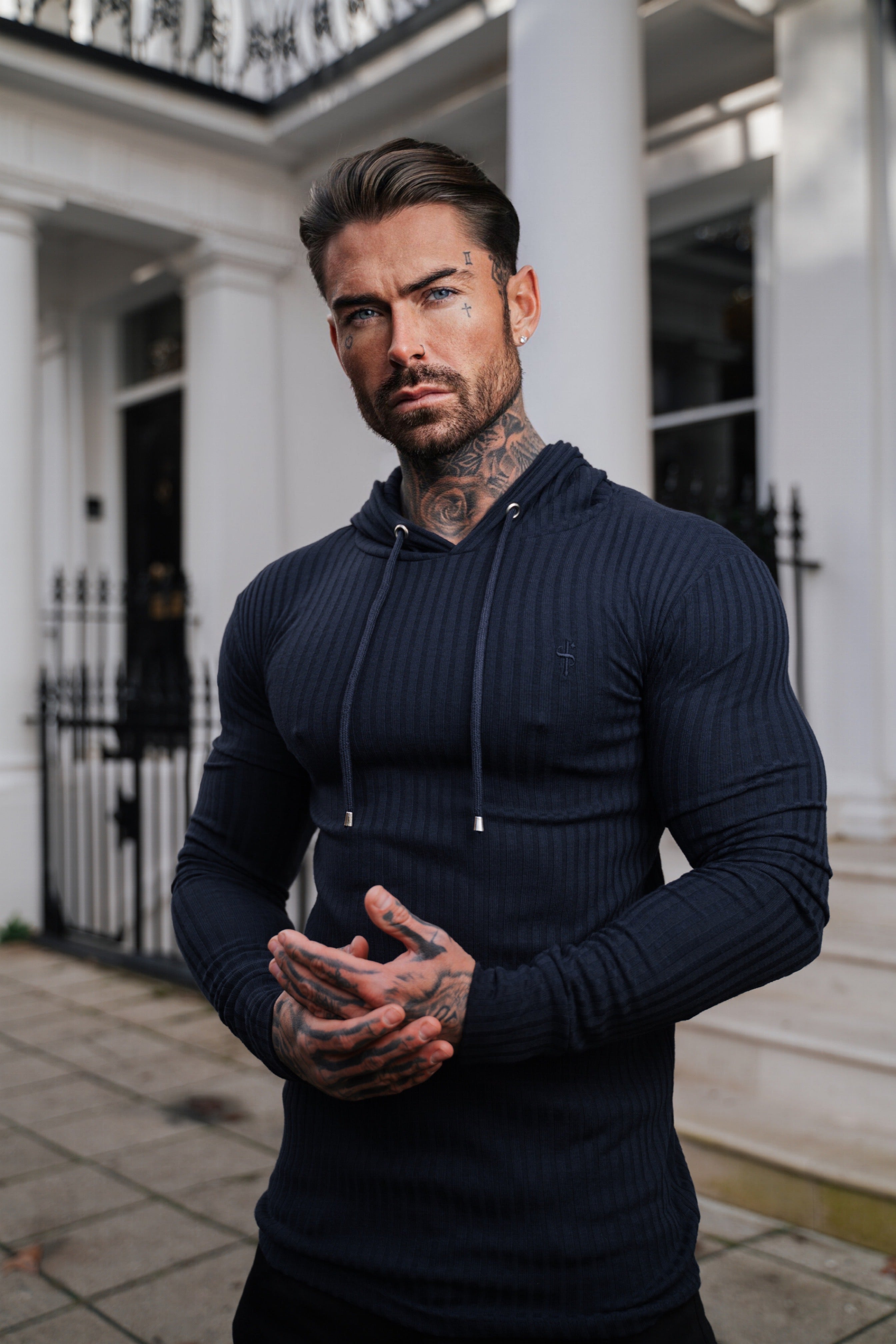 Classic Navy Ribbed Knit Hoodie Jumper - FSH904