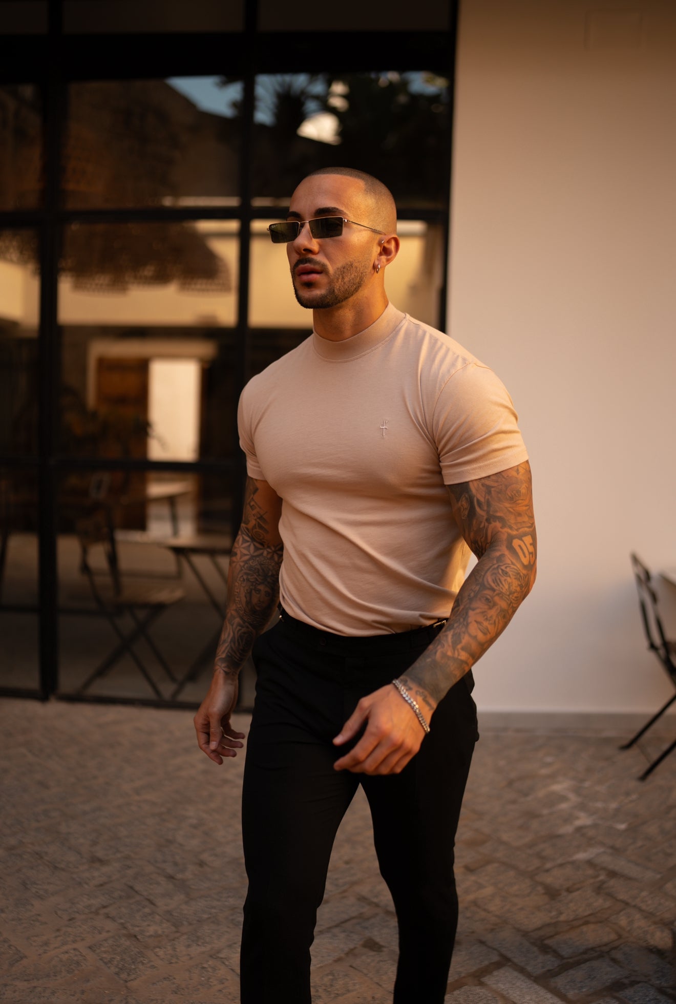 Ribbed High Neck Crew Short Sleeve Beige - FSH1141