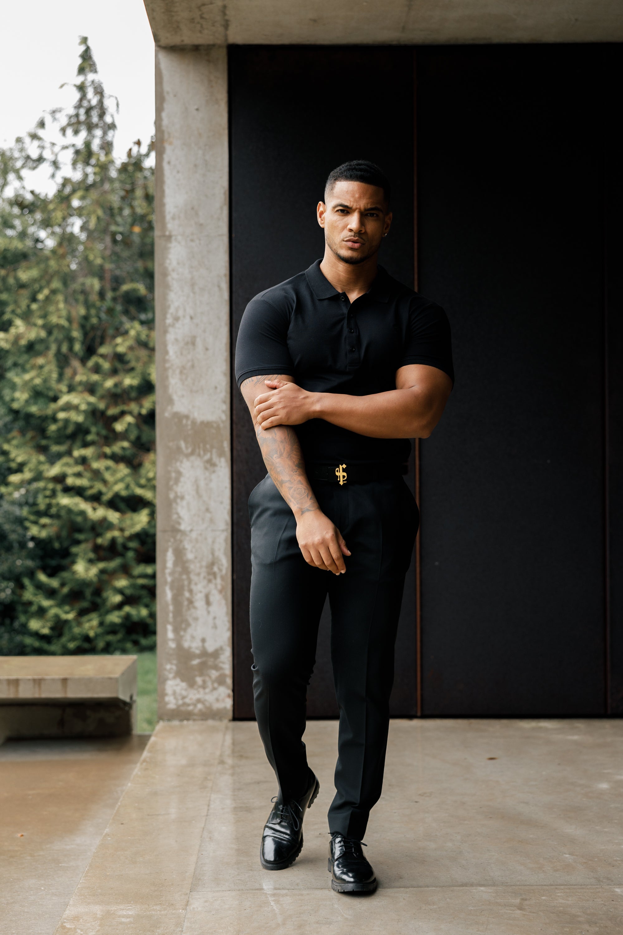 Classic Black Polo Shirt with Tonal Button and Embroidery - FSH824