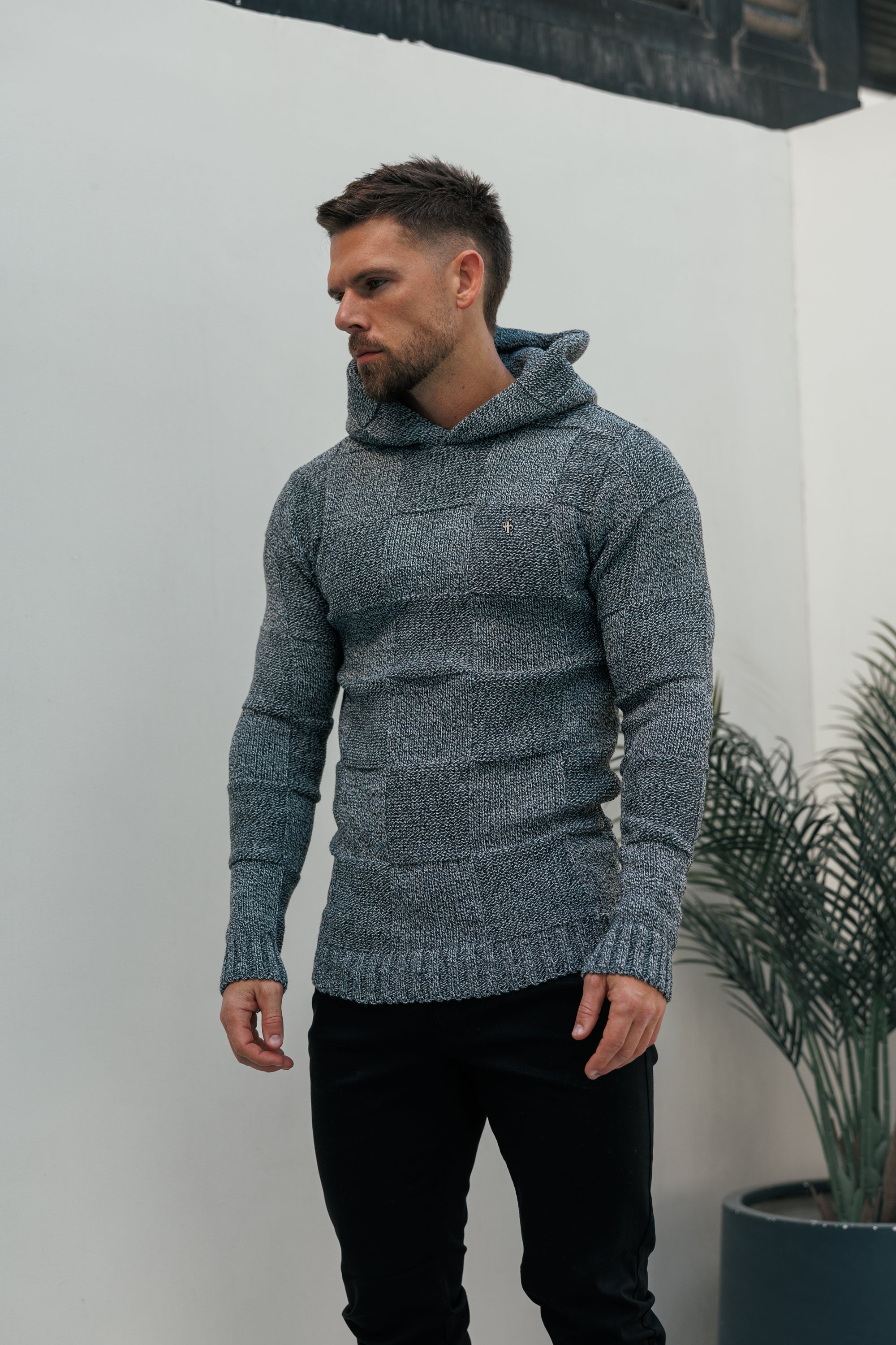 Black / White Two Tone Checkerboard Knitted Hoodie - FSJ134