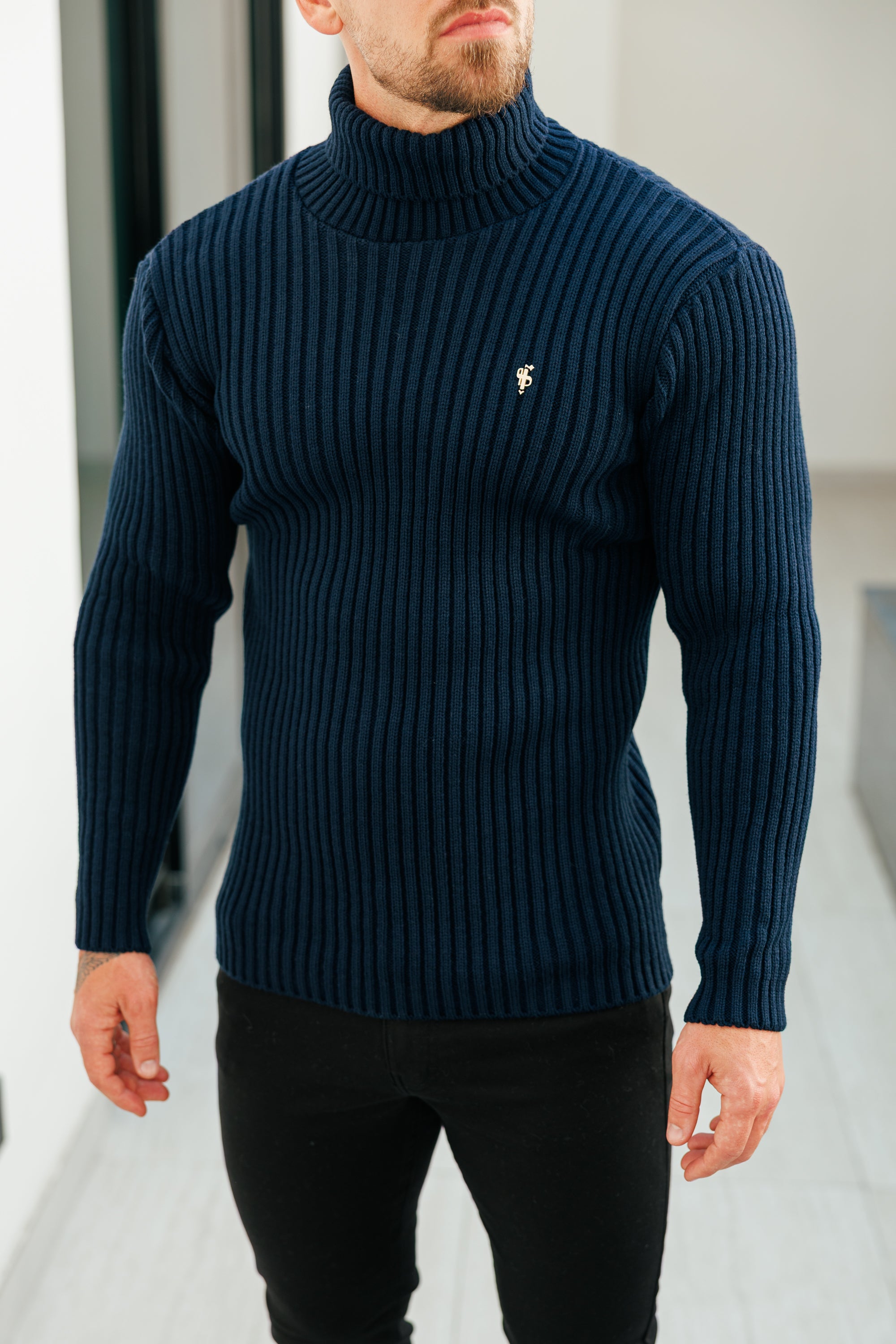 Ribbed Knit Navy Roll Neck Jumper - FSJ115