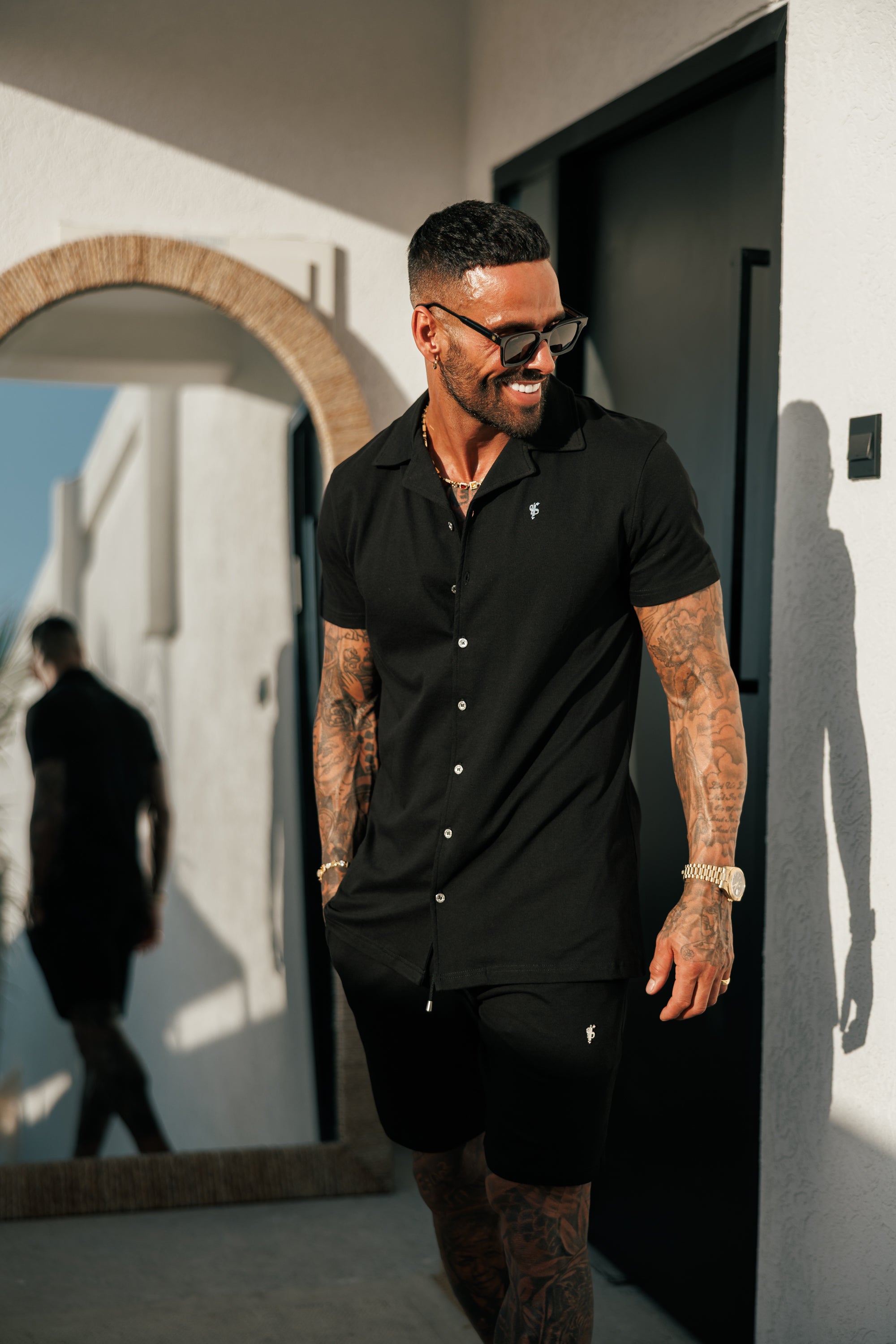 Stretch Black / Silver Pique Revere Shirt Short Sleeve - FSH1355