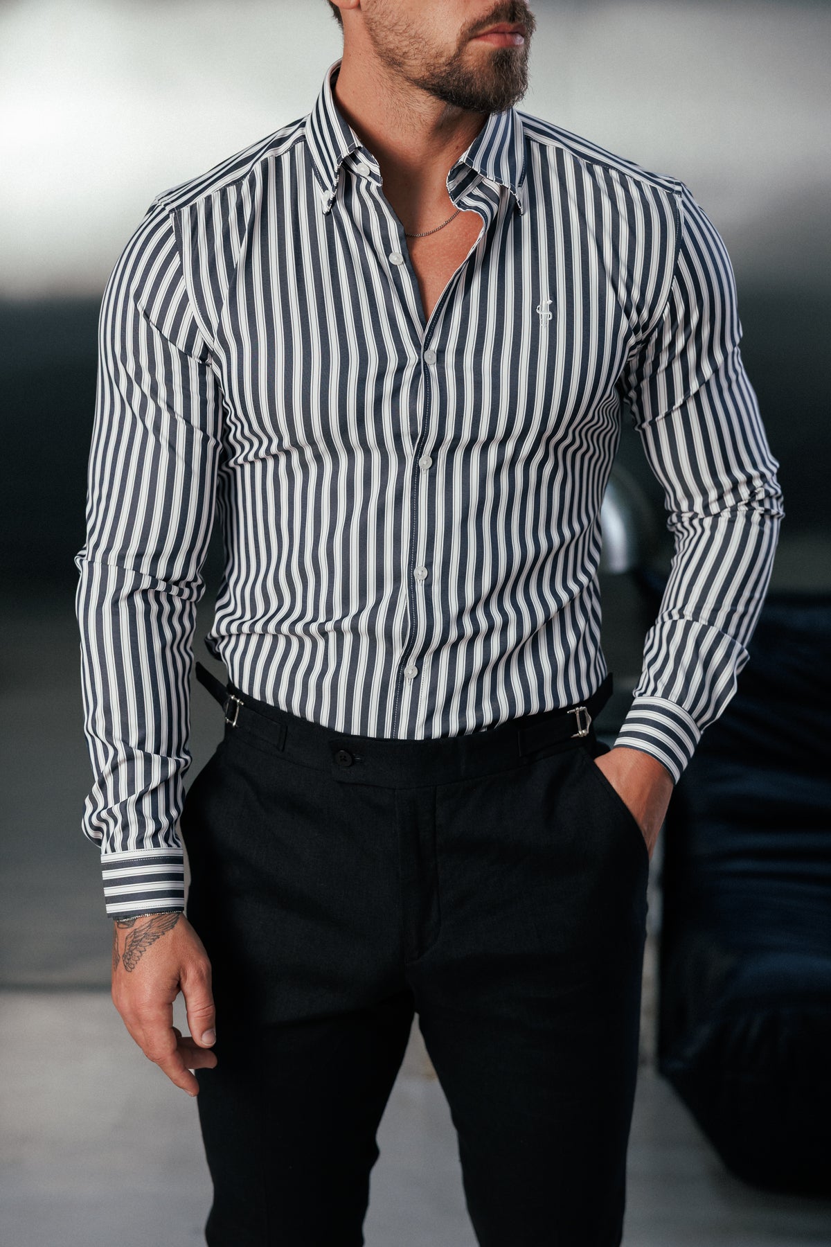 Super Slim Stretch Sateen Touch White / Navy Double Stripe Long Sleeve - FS1287