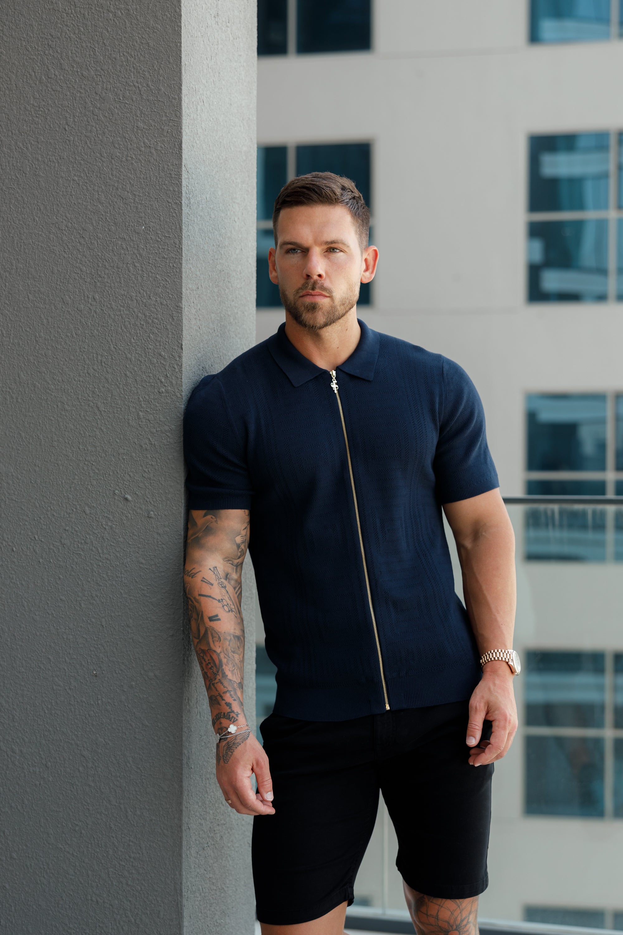 Classic Knitted Geo Design With Full Length Zip Navy Short Sleeve - FSN149