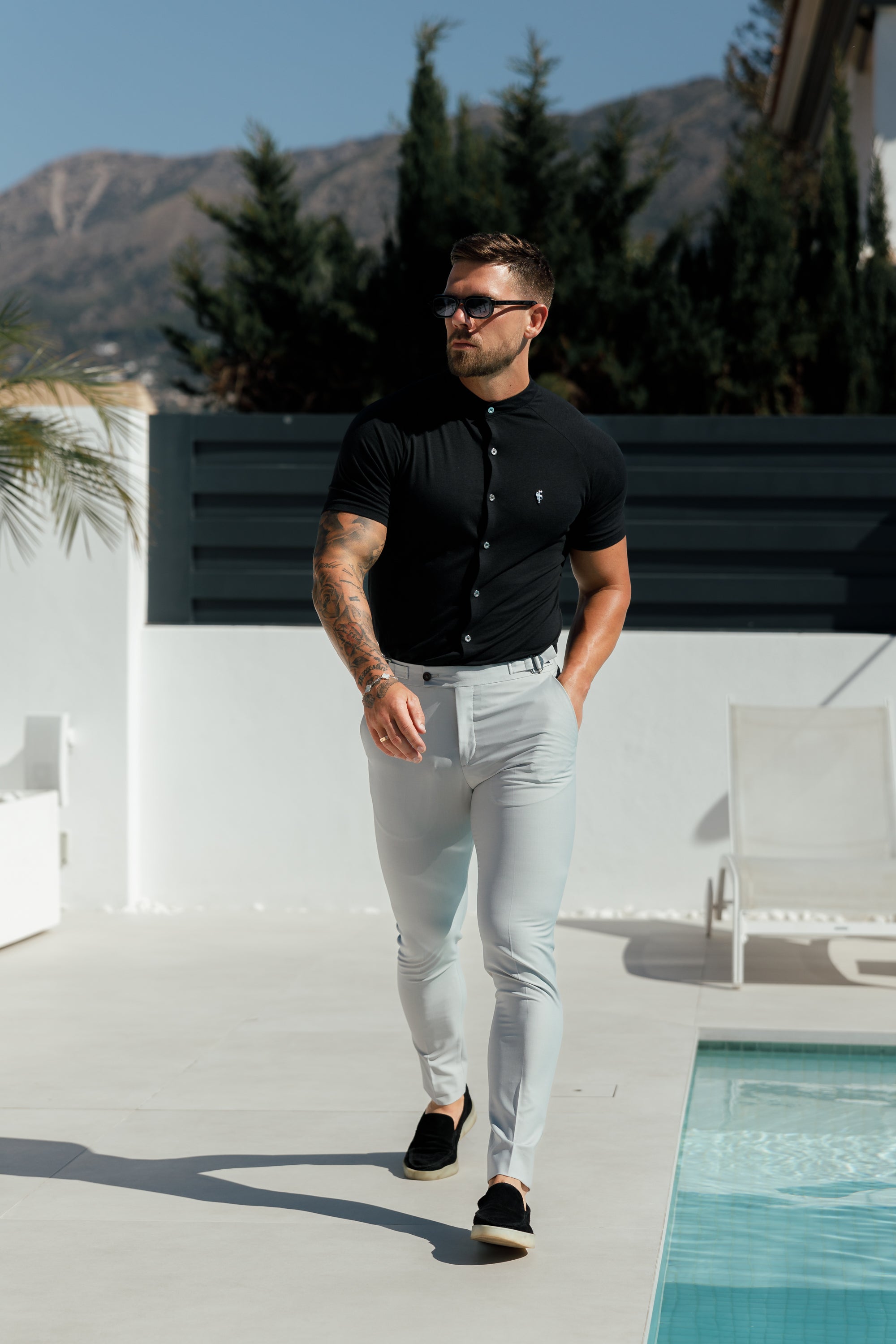 Slim Bamboo Raglan Grandad Collar Black Short Sleeve - FSH1165