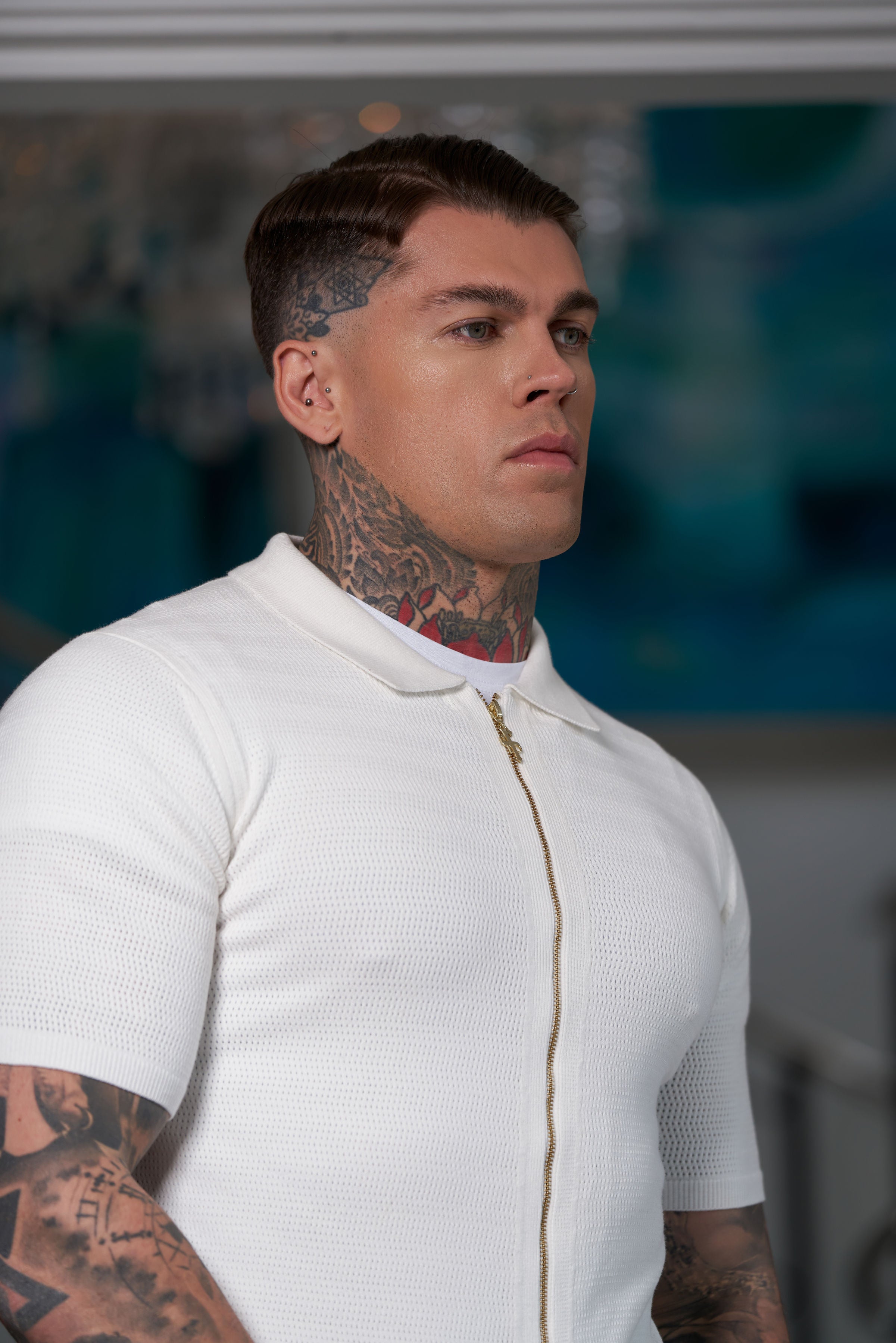 Classic Knitted Textured Design With Full Length Zip Off White Short Sleeve - FSN152