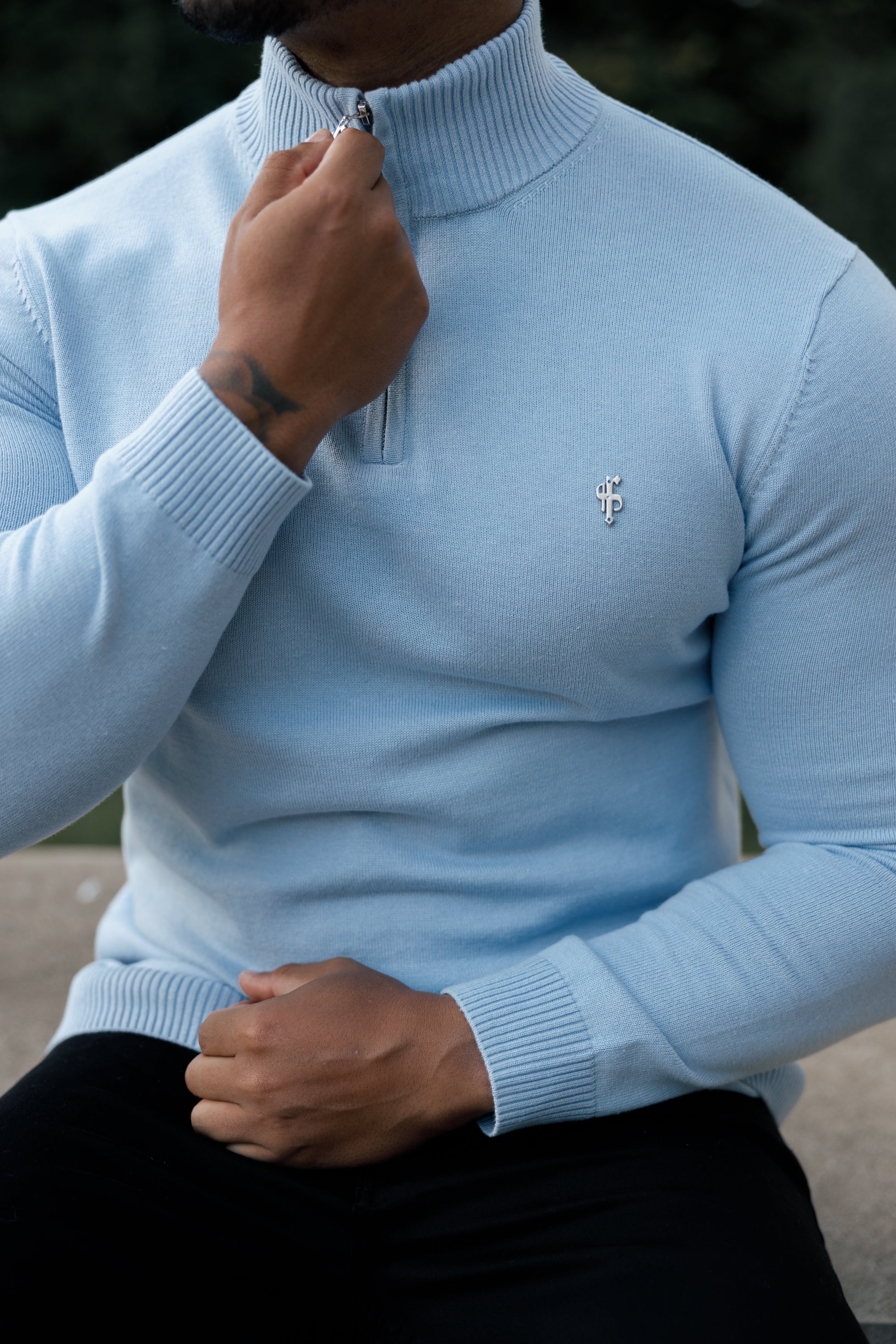 Light Blue Funnel Neck 1/2 Zip Knitted Jumper - FSN119