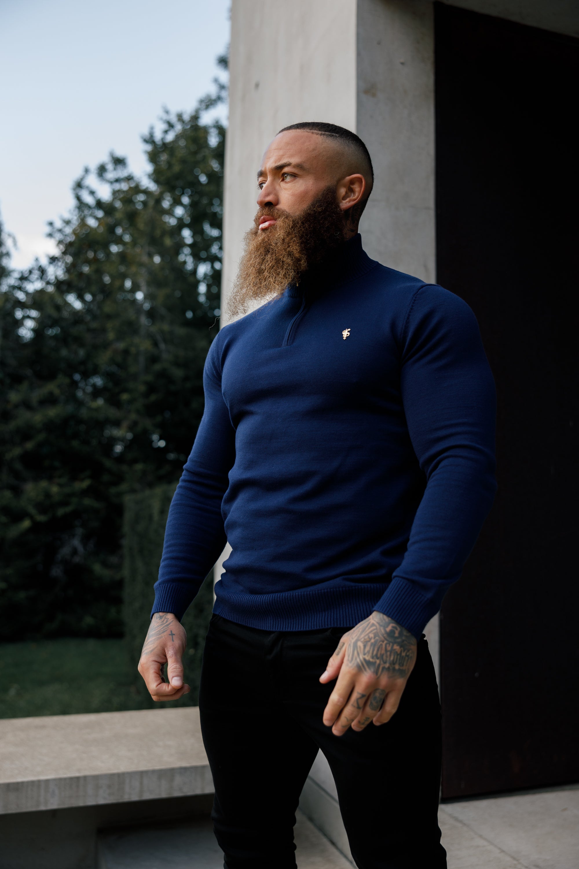 Navy Funnel Neck 1/2 Zip Knitted Jumper - FSN122