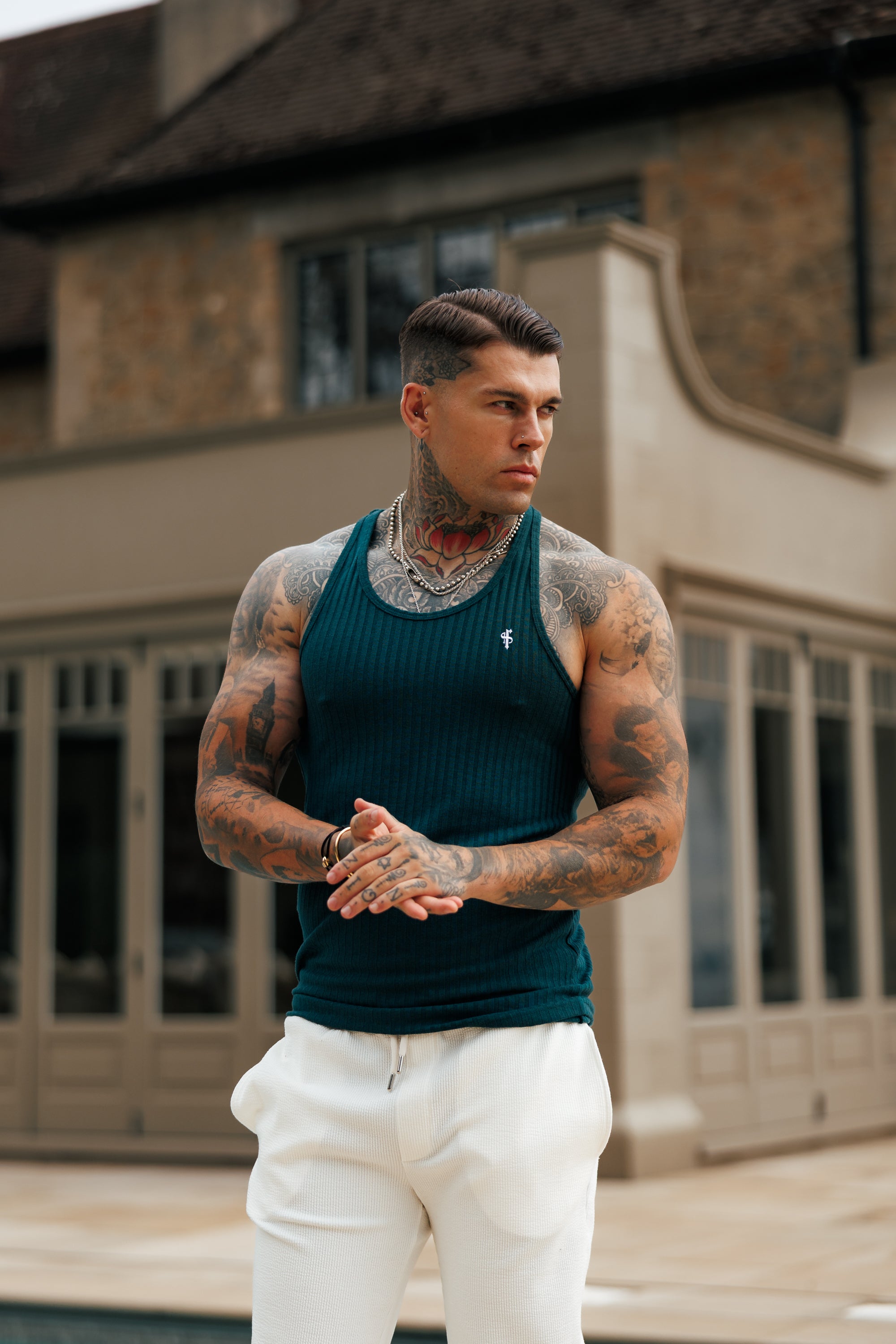 Forest Green / White Ribbed Knit Super Slim Vest - FSH1327