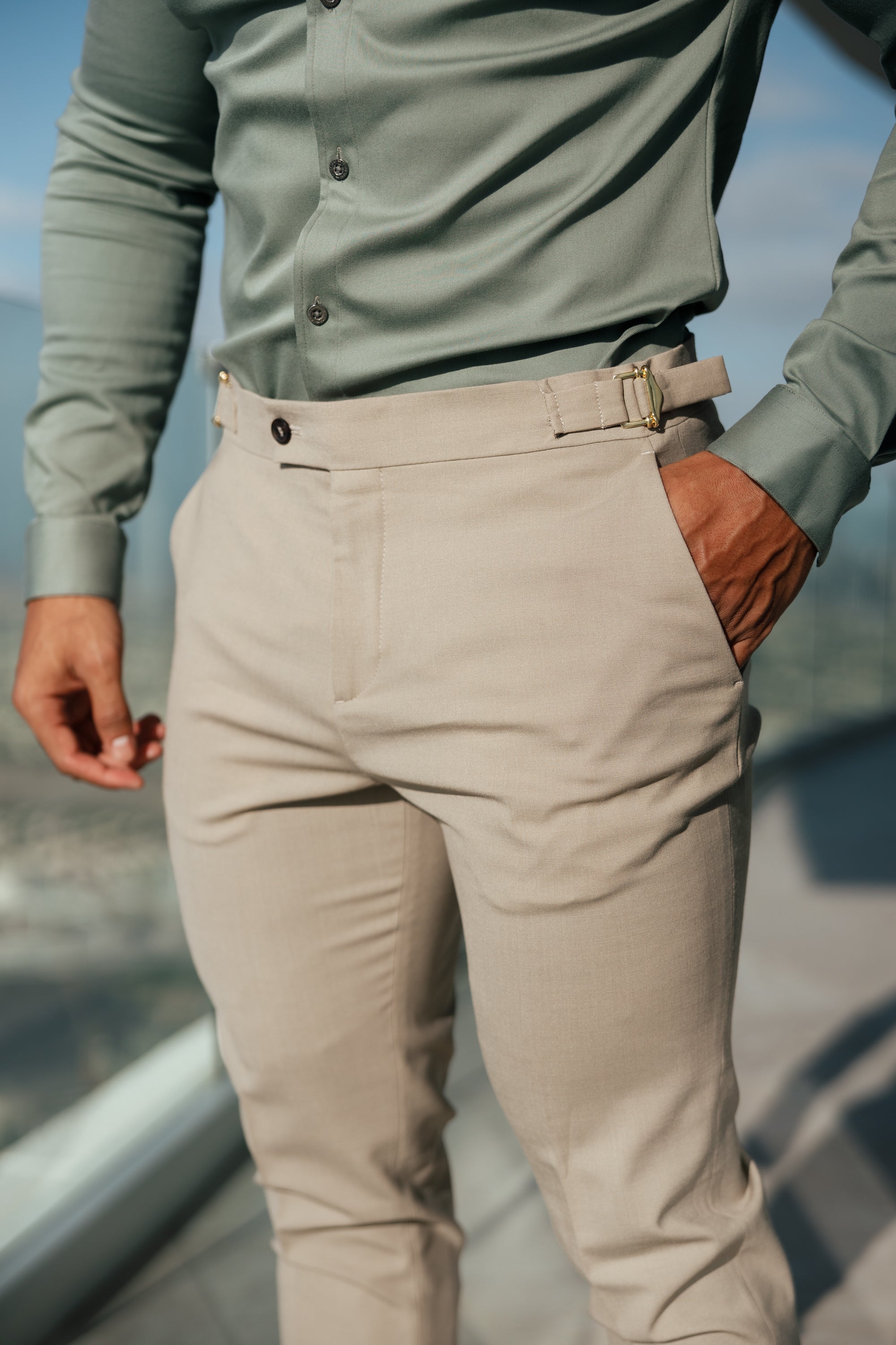 Slim Formal Beige Stretch Trousers With Gold Waist Adjusters - FST017