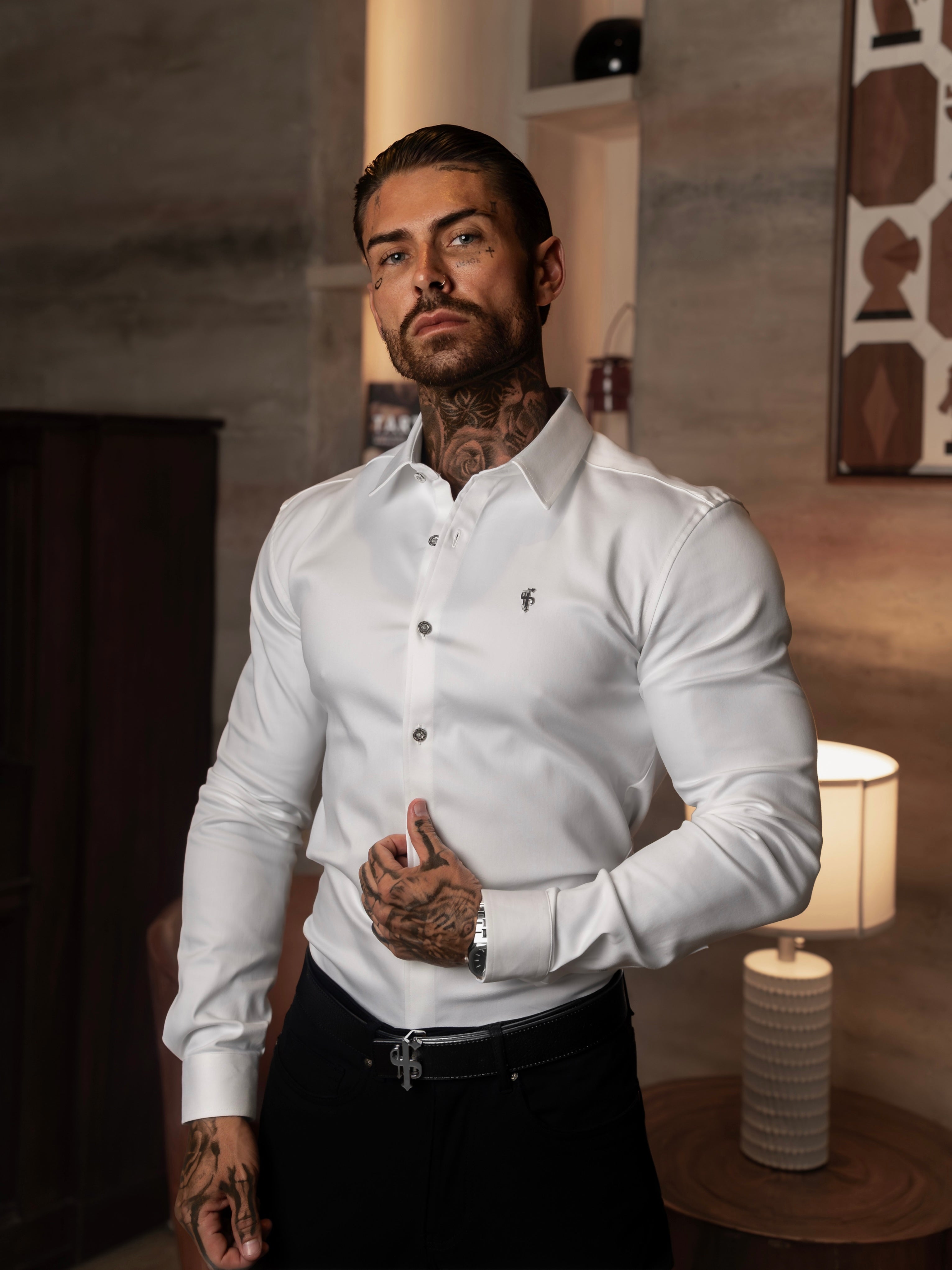 Super Slim Stretch White Denim Long Sleeve with Silver Metal Decal and Buttons - FS1111