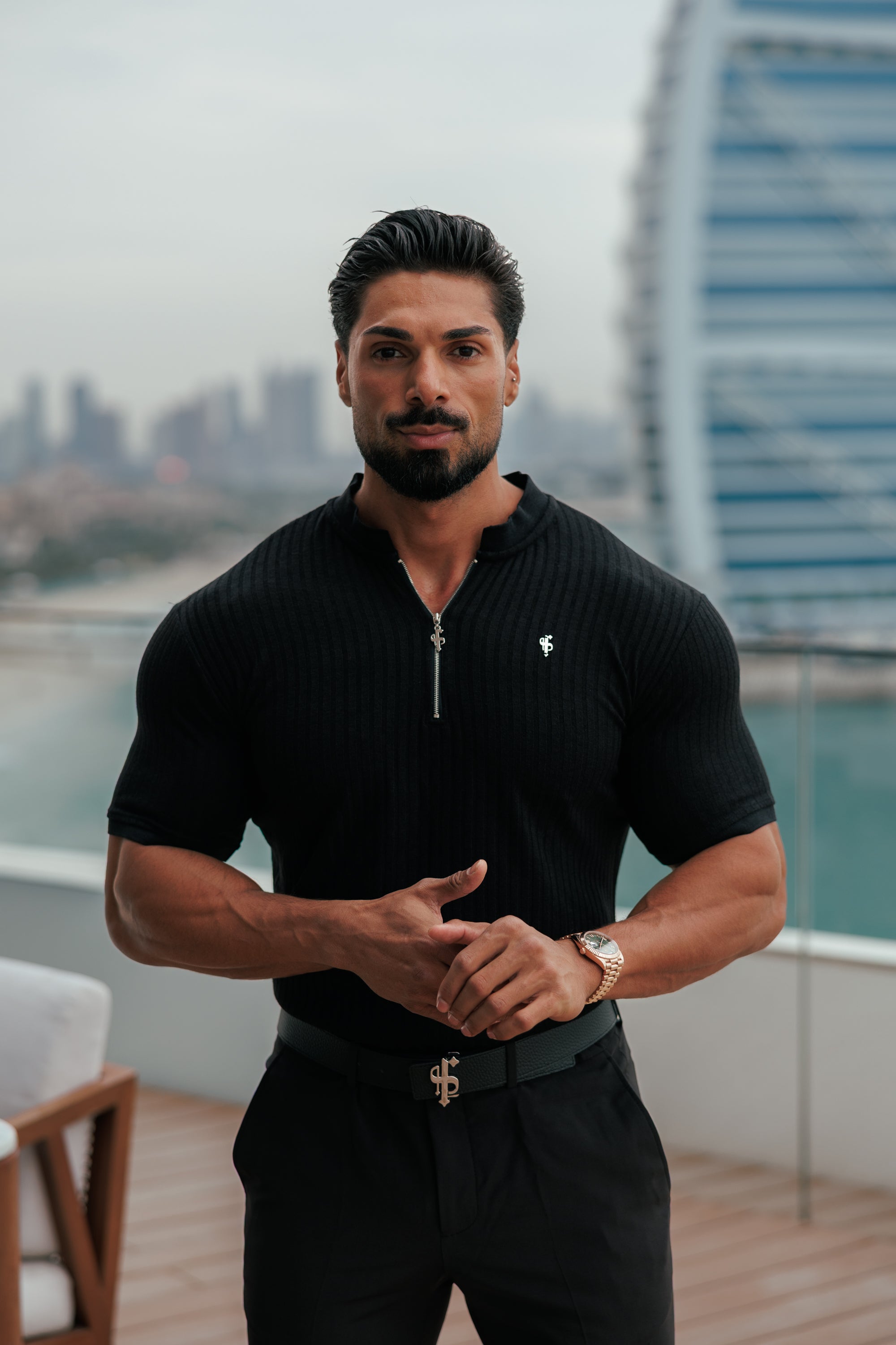 Super Slim Black / Silver Ribbed Zip Grandad Collar Shirt Short Sleeve - FSH1445
