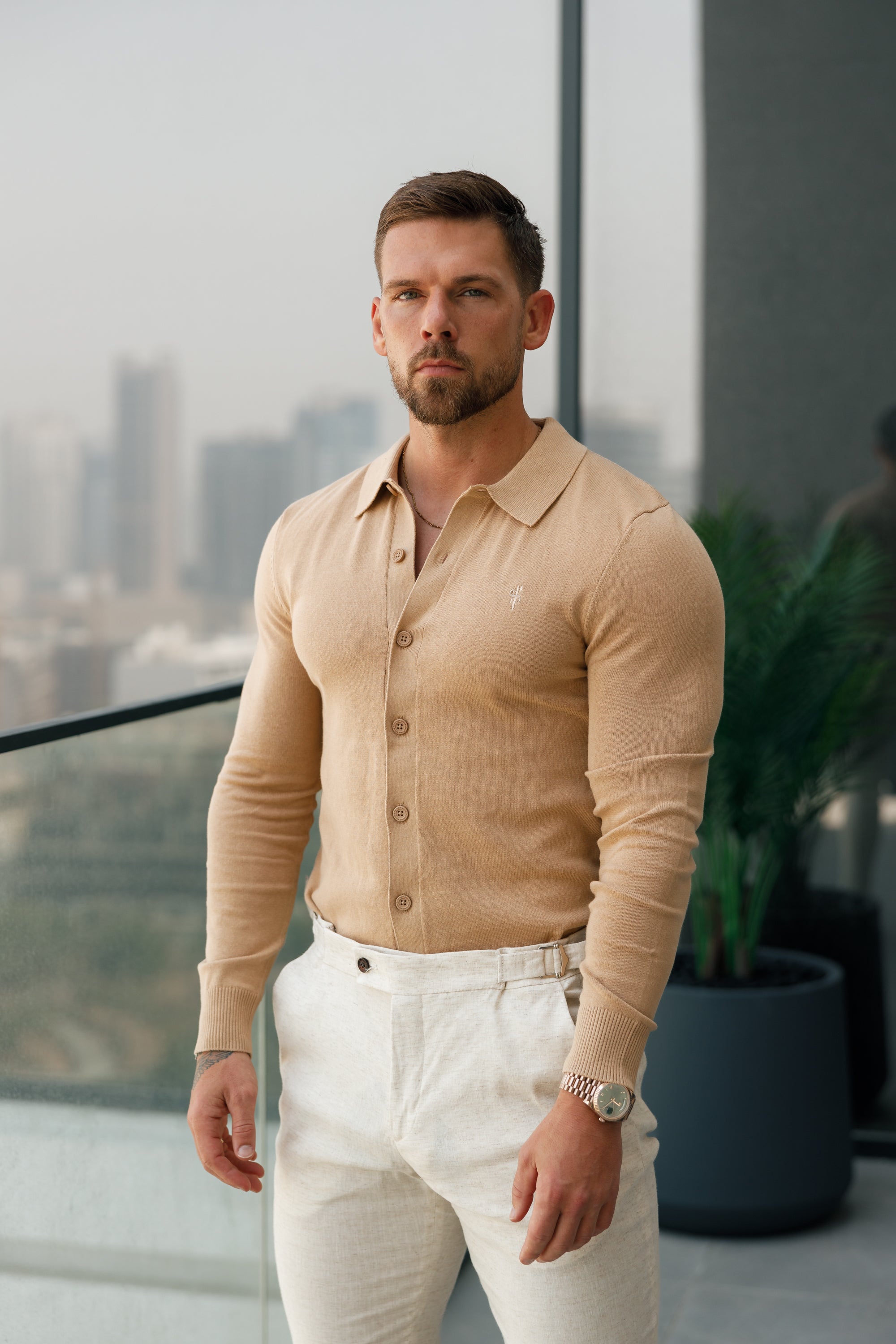 Classic Plain Coffee Knitted Button Through Polo Long Sleeve - FSN171