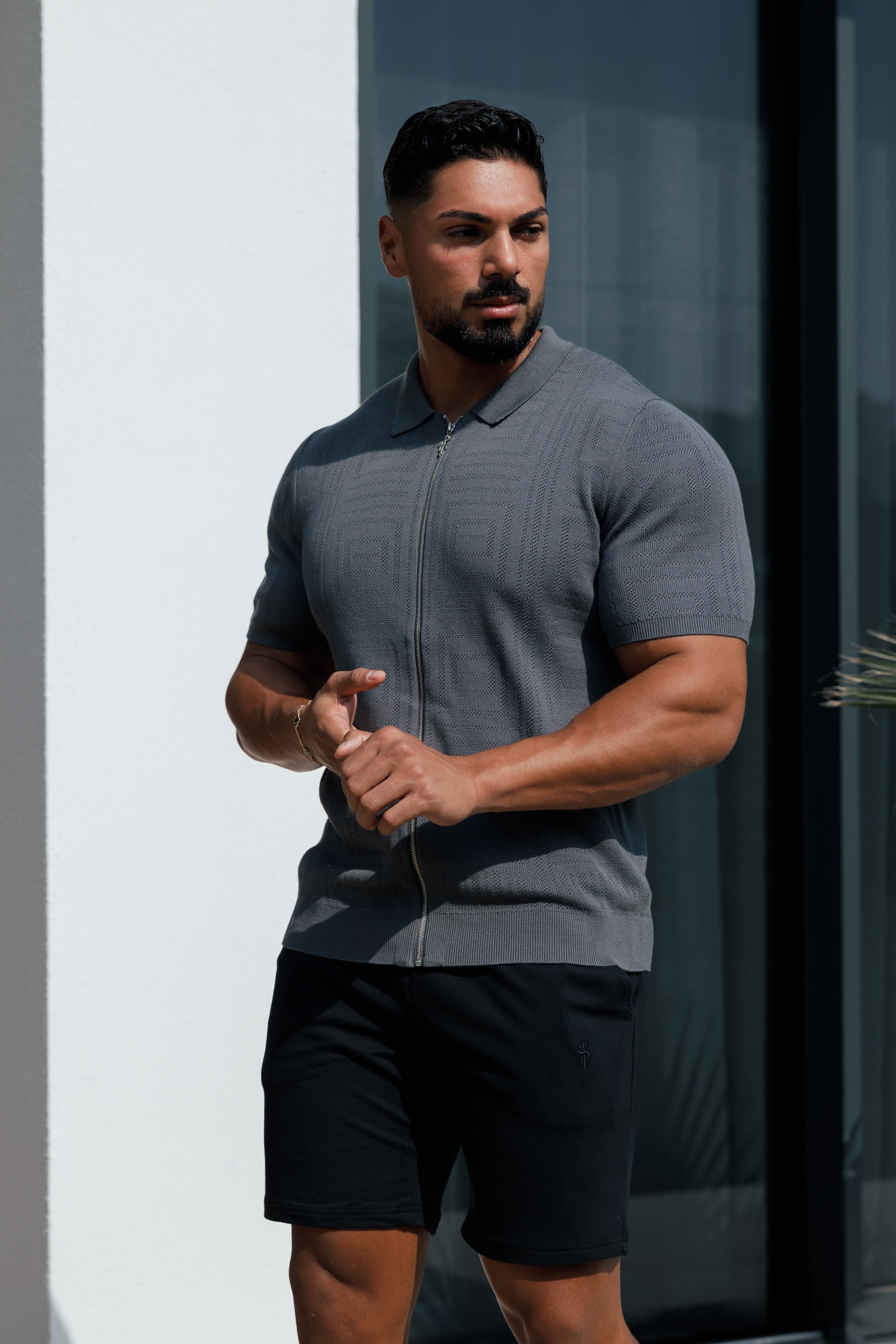 Classic Knitted Geo Design With Full Length Zip Gunmetal Short Sleeve - FSN150