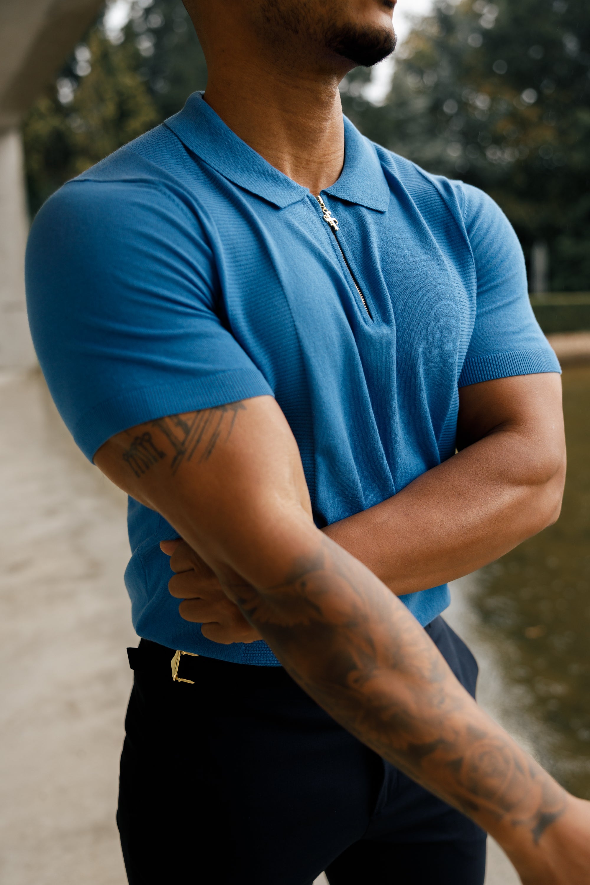 Classic Mid Blue and Gold Zip Knitted Polo Shirt Short Sleeve - FSN134