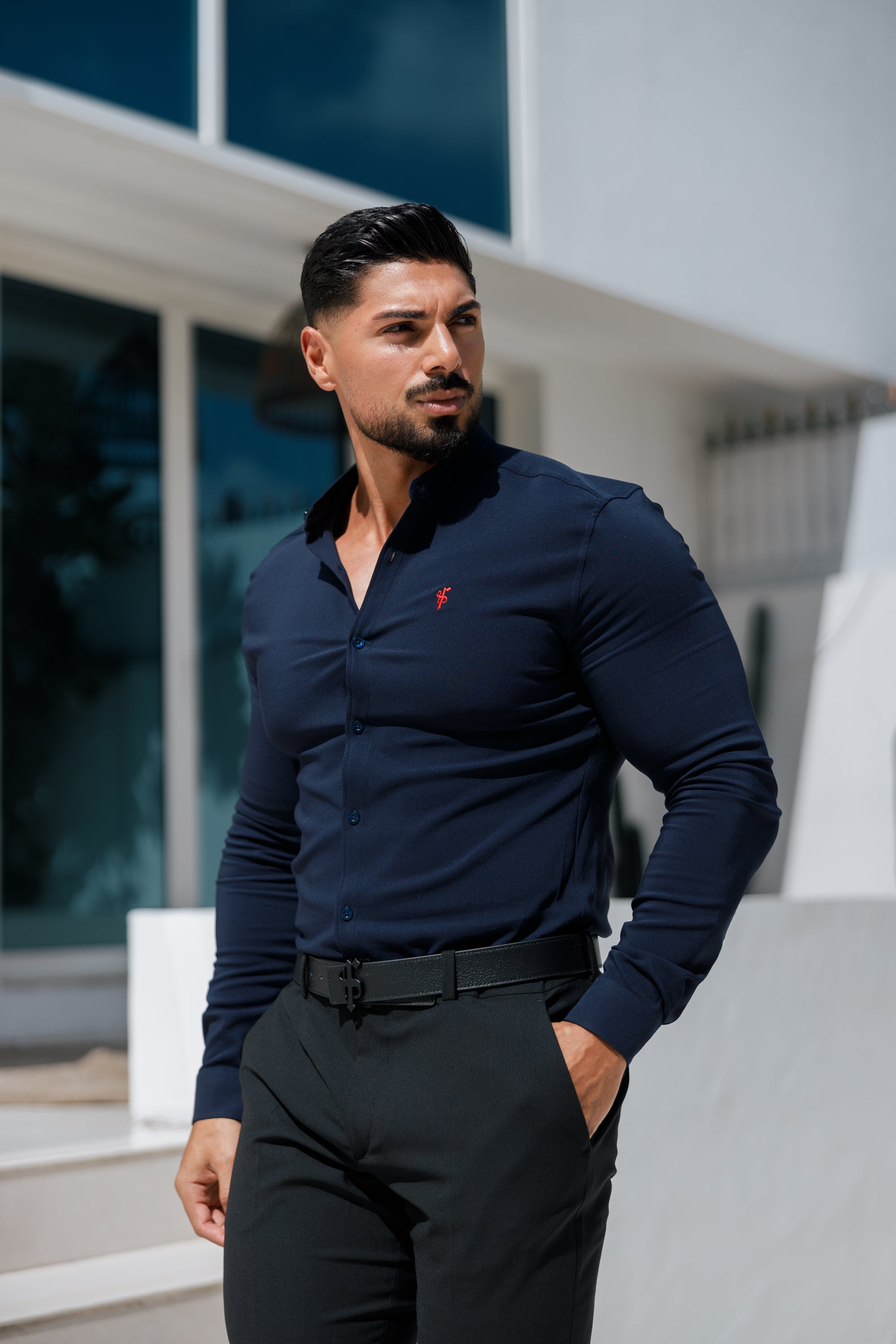 Super Slim Scuba Navy / Red Long Sleeve Stretch with Grandad Collar - FS1000