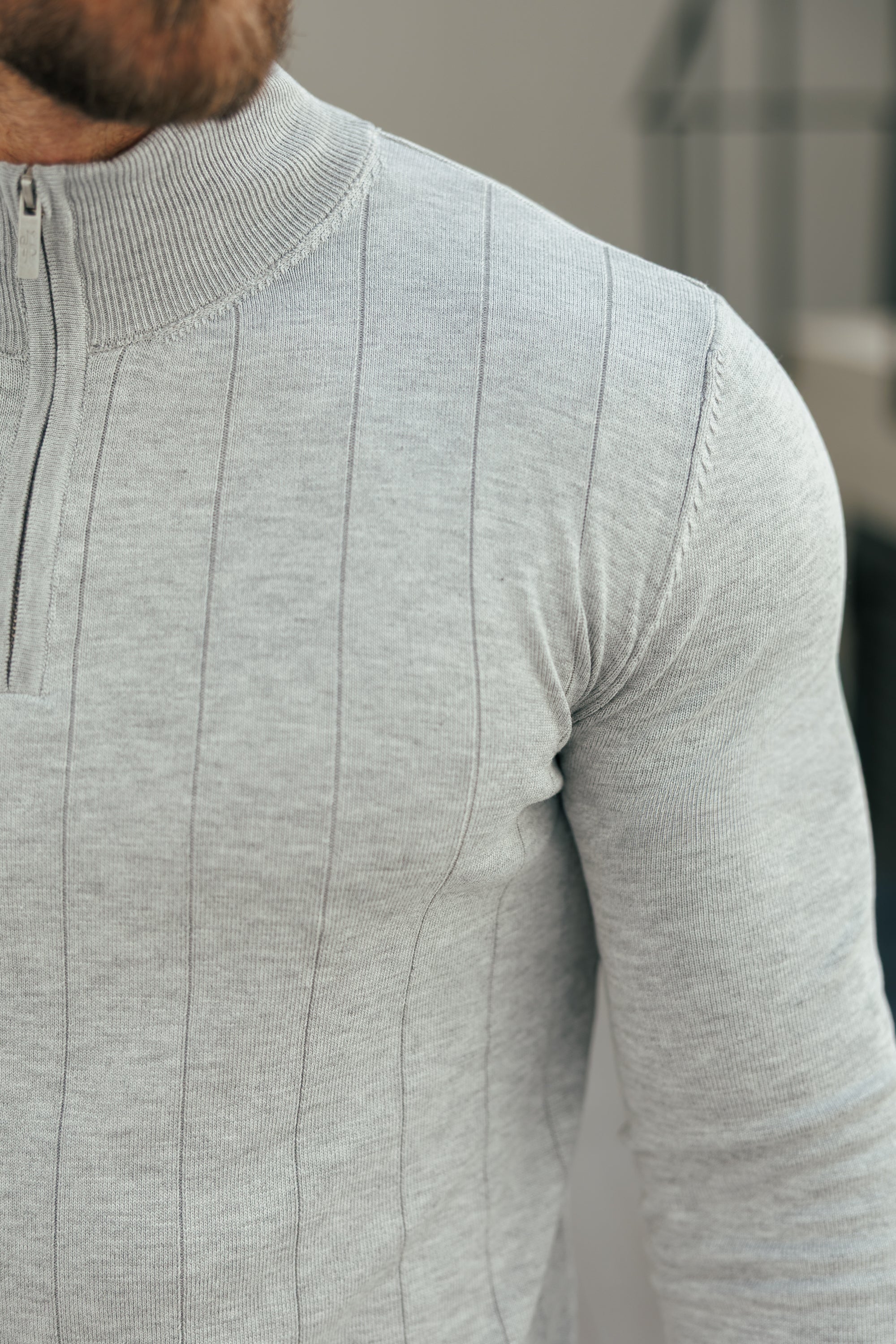 Self Stripe 1/4 Zip Funnel Neck Knit Jumper Silver Grey Long Sleeve - FSR051