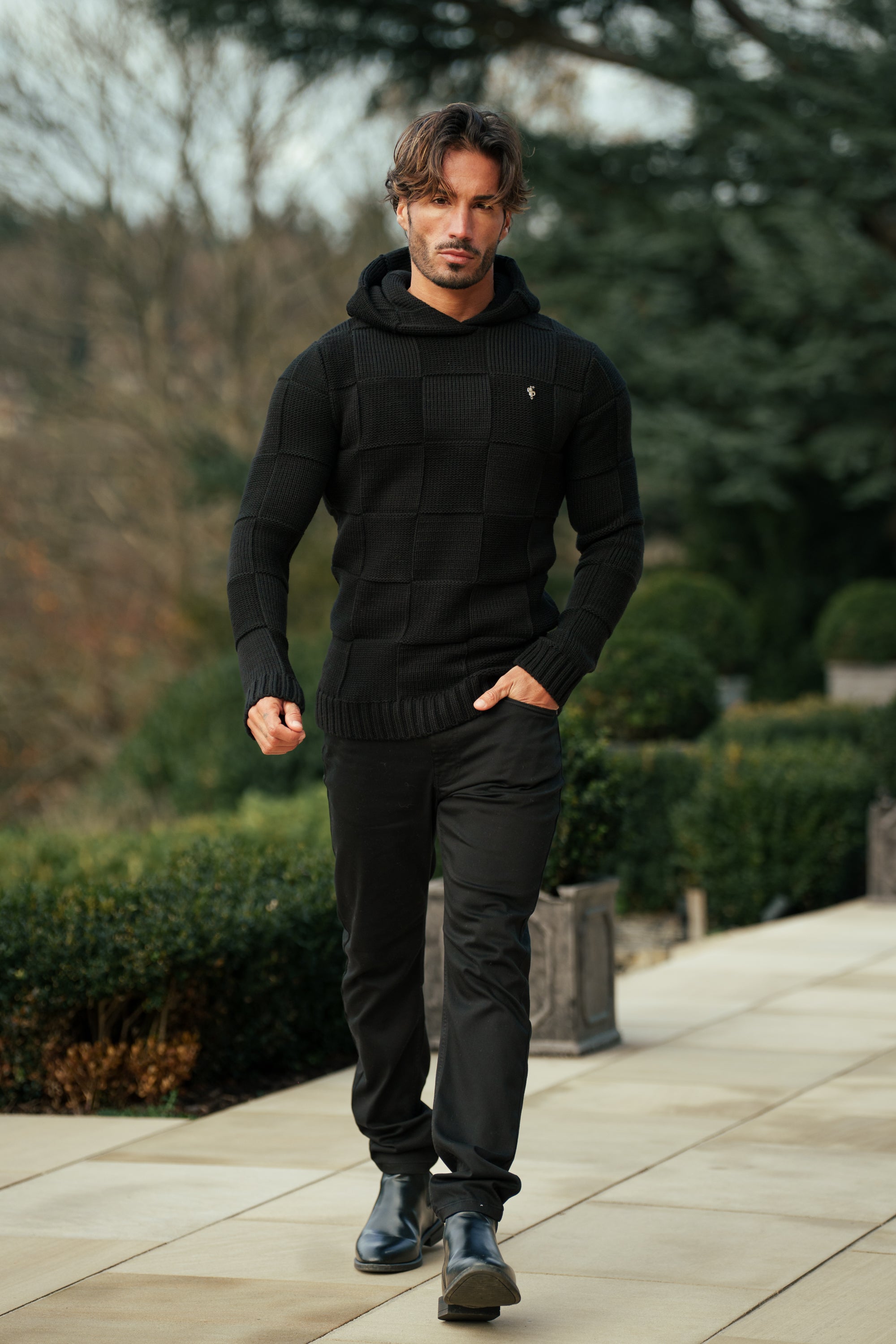 Black Checkerboard Knitted Hoodie - FSJ135