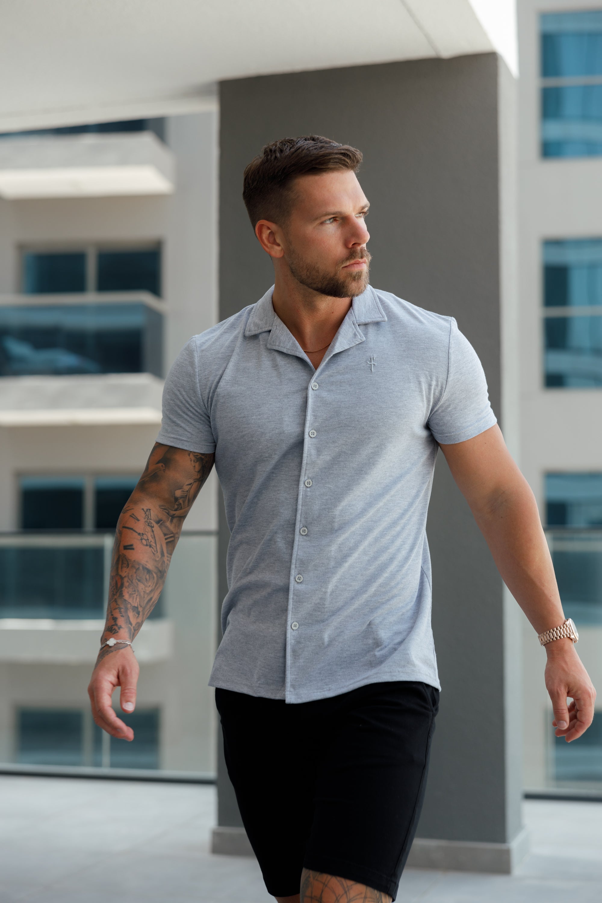 Stretch Light Grey Pique Revere Shirt Short Sleeve - FSH1072
