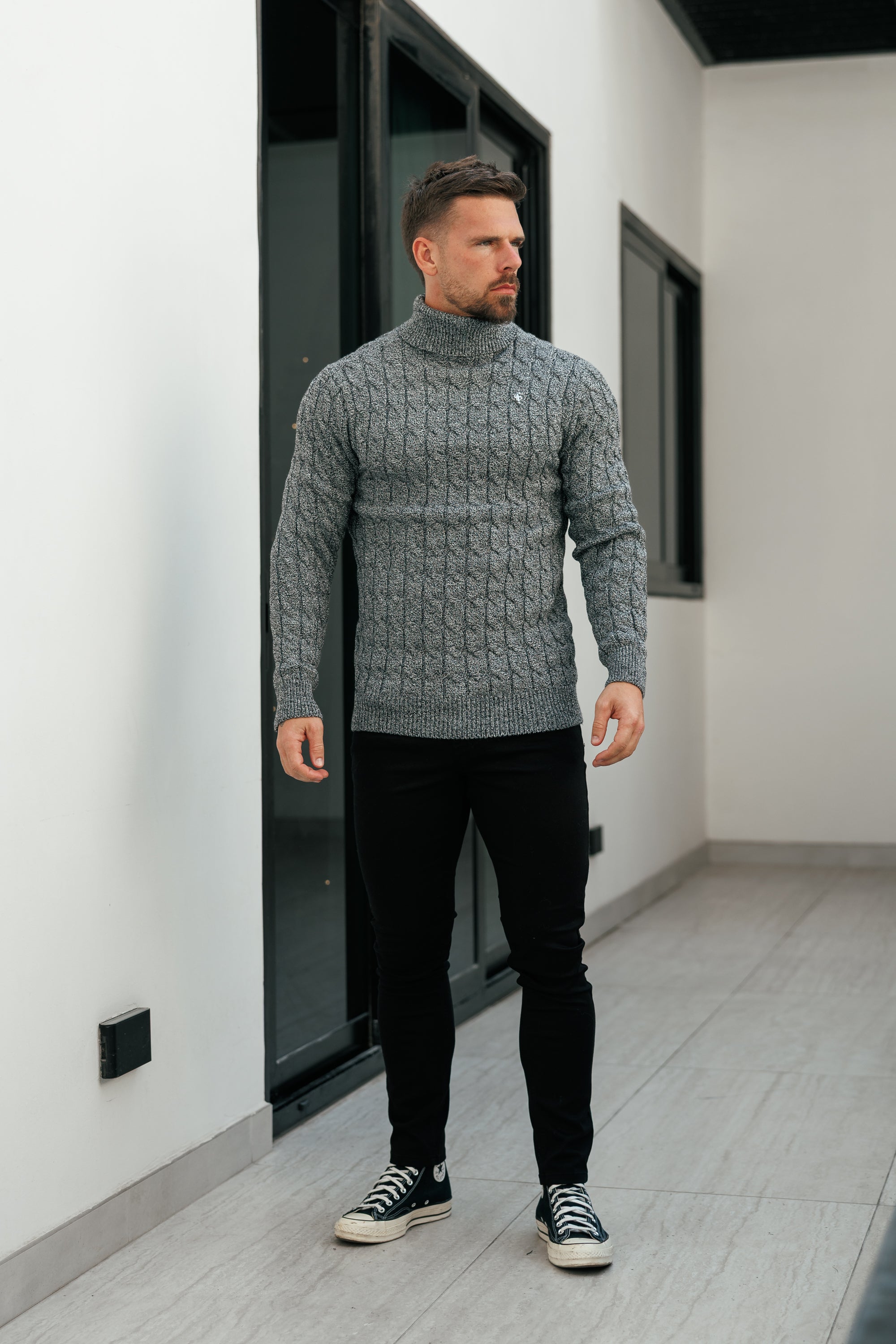 Link Weave Knit Black / White Two Tone Roll Neck Jumper - FSJ140