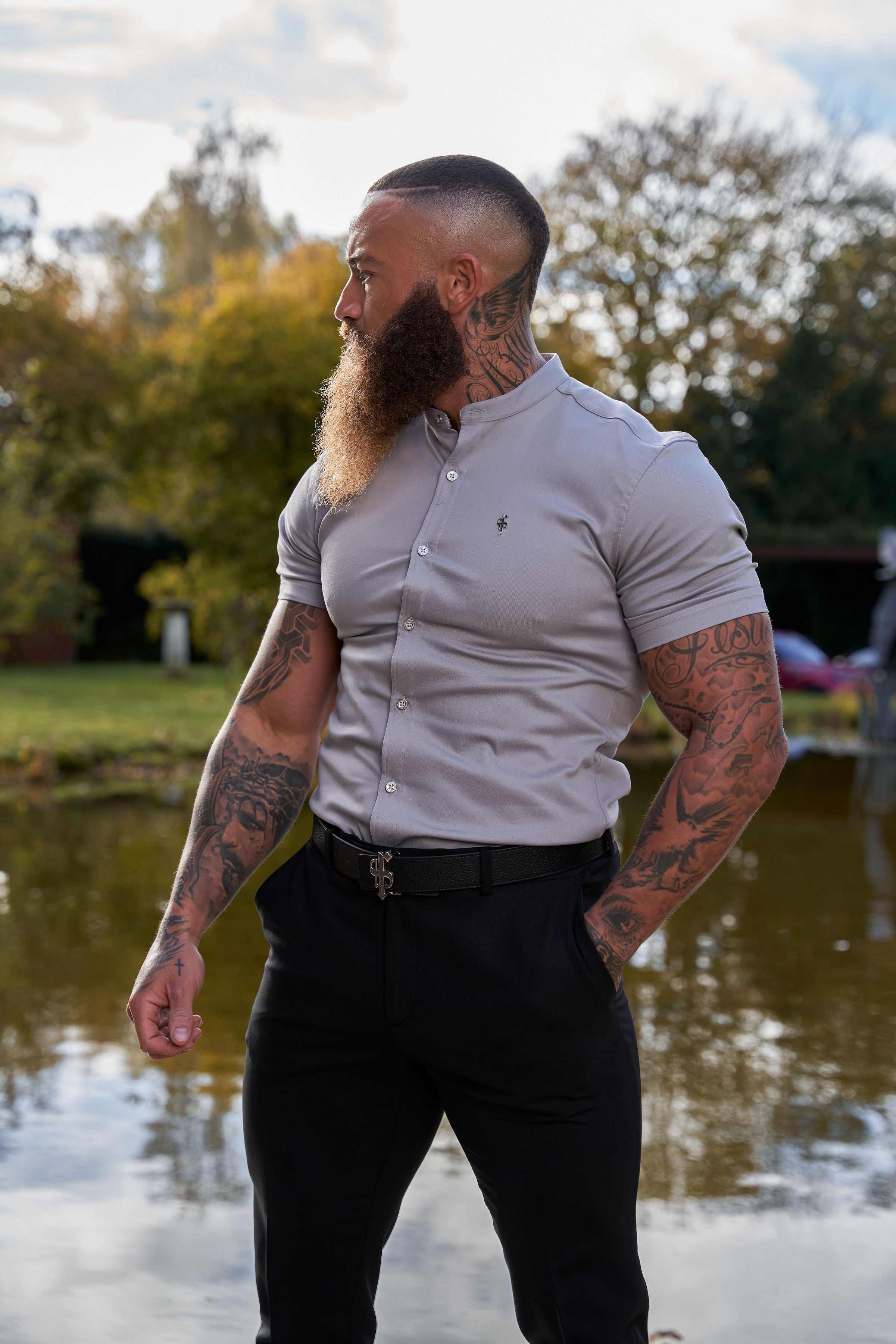 Super Slim Stretch Grey Denim Short Sleeve With Grandad Collar and Silver Metal Buttons and Decal - FS963