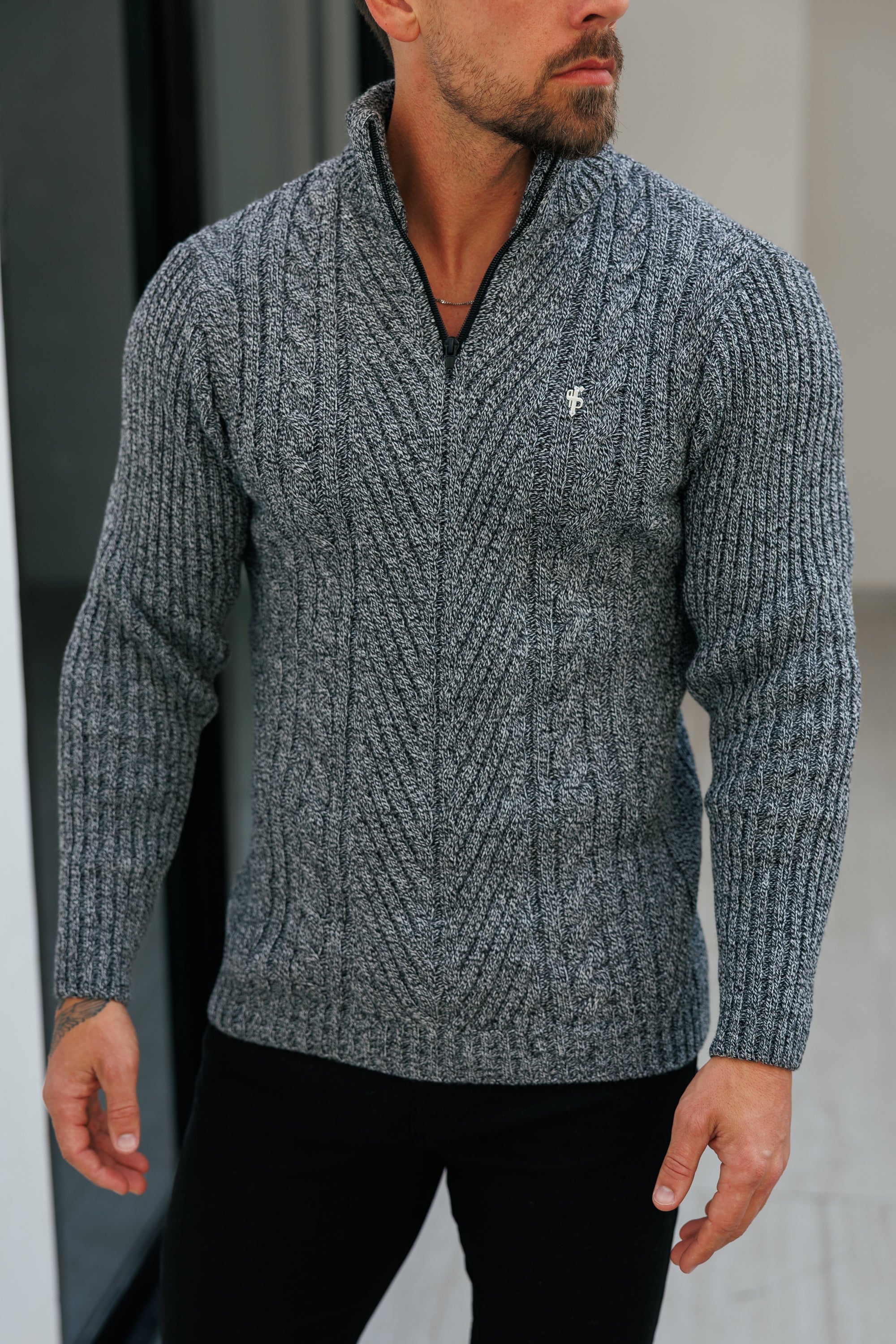 Funnel Neck Jumper with Quarter Zip Black / White Two Tone - FSJ154