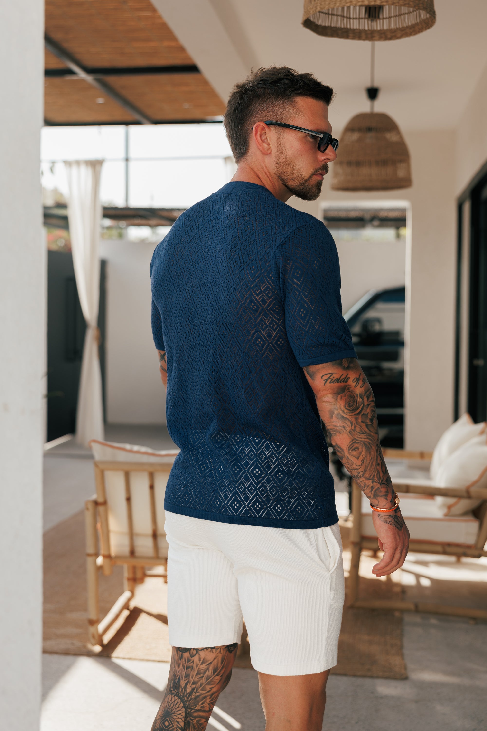 Crochet Crew T-Shirt Caribbean Blue Short Sleeve - FSJ092