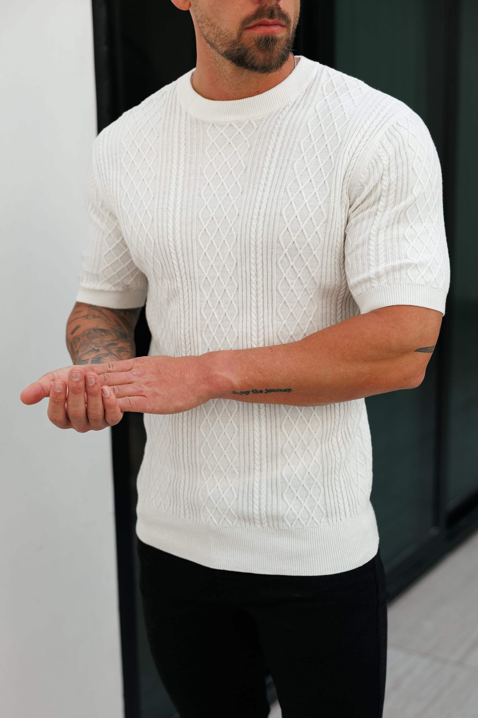 Fine Knit Diamond Off White Jumper Short Sleeve - FSA009