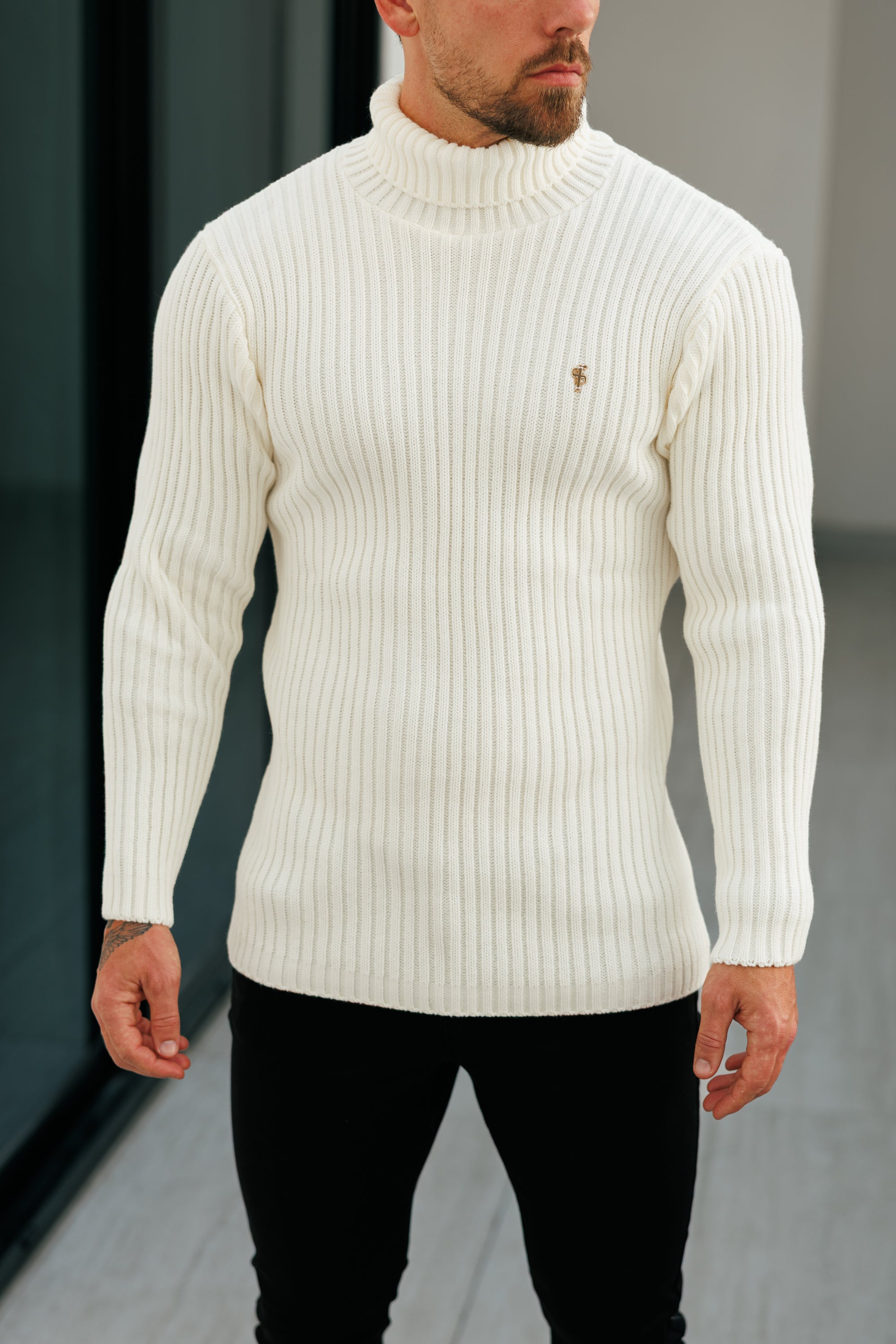 Ribbed Knit Cream Roll Neck Jumper - FSJ114