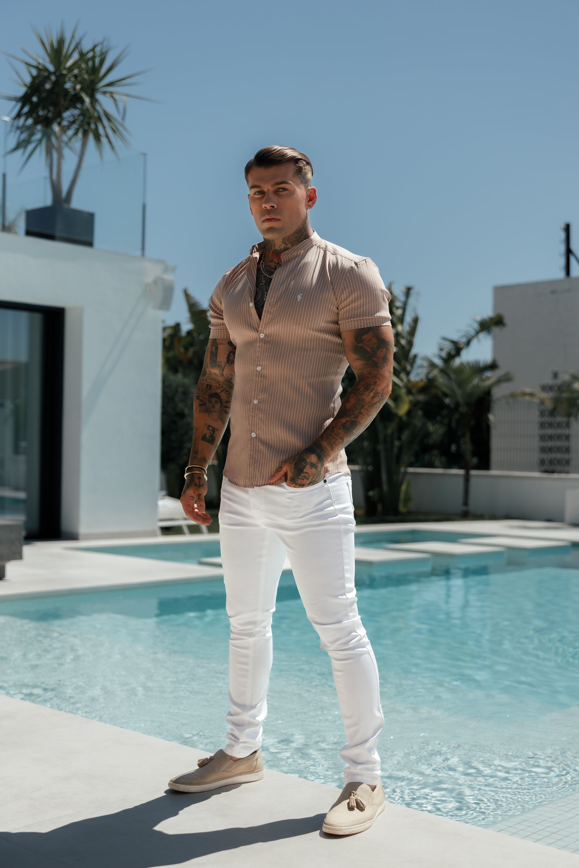 Super Slim Stretch Taupe Printed Pinstripe Short Sleeve with Grandad Collar - FS1058