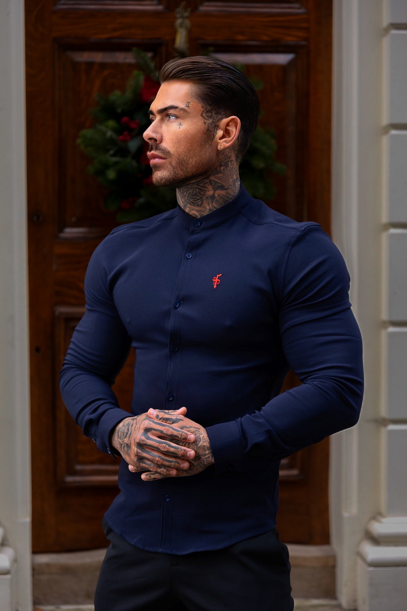 Super Slim Scuba Navy / Red Long Sleeve Stretch with Grandad Collar - FS1000