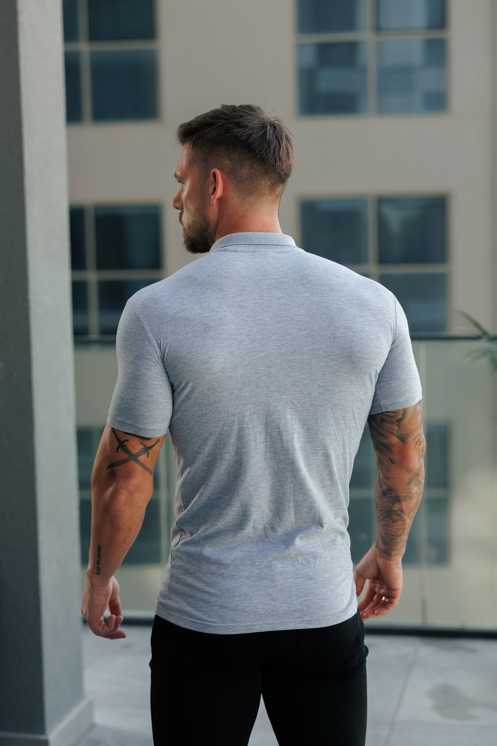 Classic Light Grey Polo Shirt with Tonal Button and Black Embroidery - FSH1268