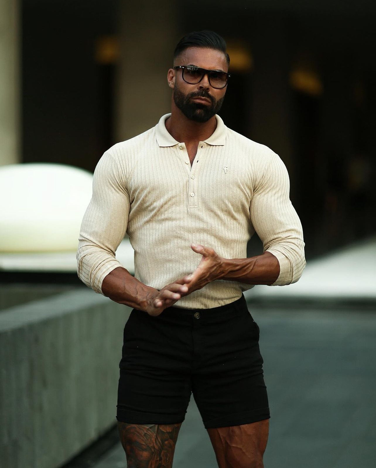 Classic Beige Ribbed Polo Shirt Long Sleeve With Gold Decal - FSH969