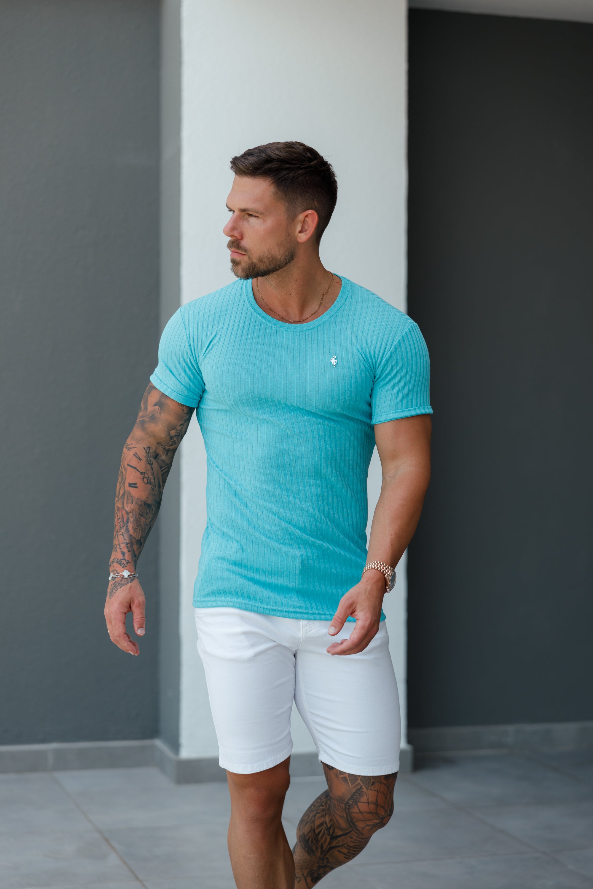Classic Turquoise / Silver Ribbed Knit Super Slim Short Sleeve Crew - FSH1092