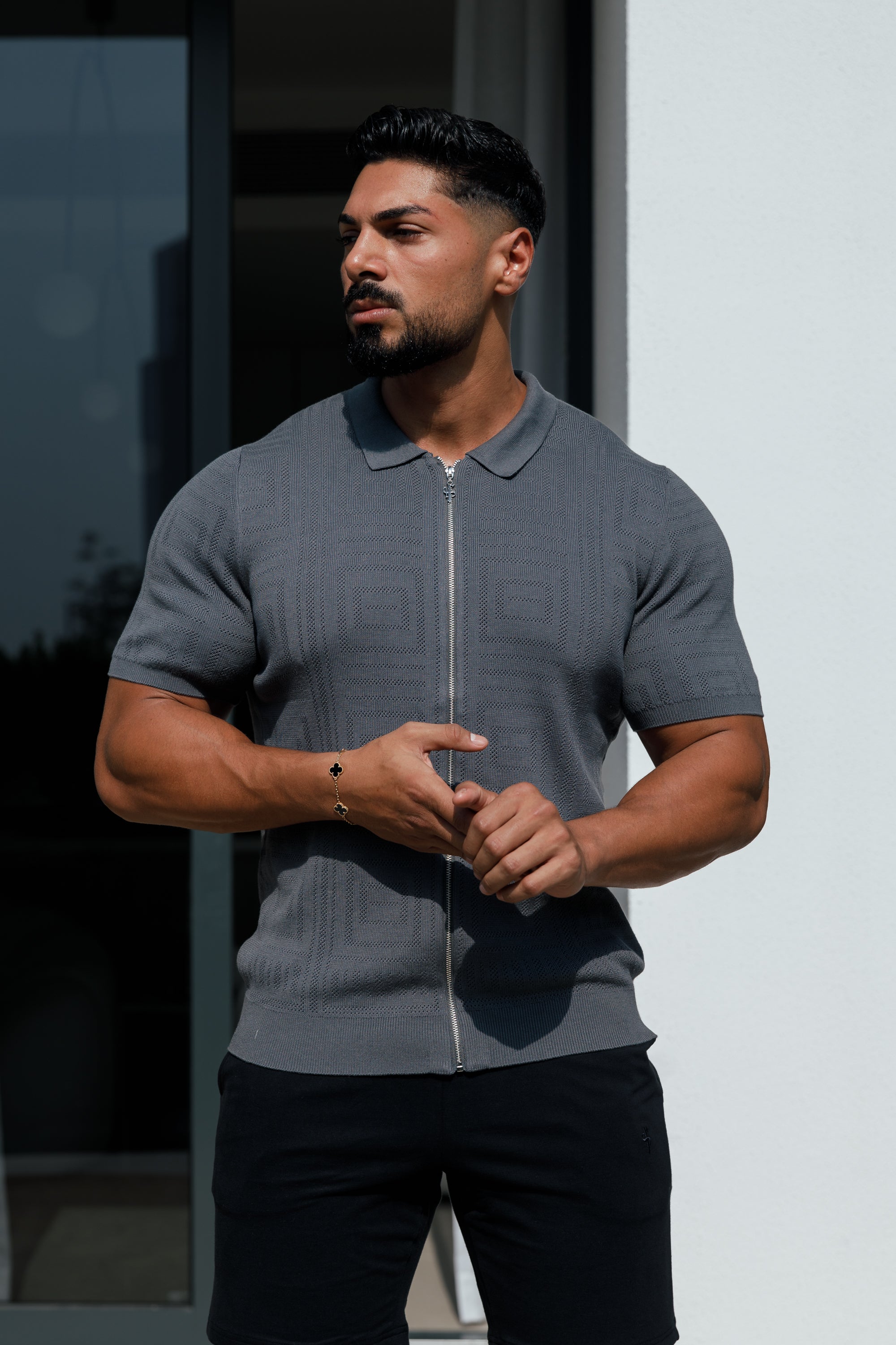 Classic Knitted Geo Design With Full Length Zip Gunmetal Short Sleeve - FSN150